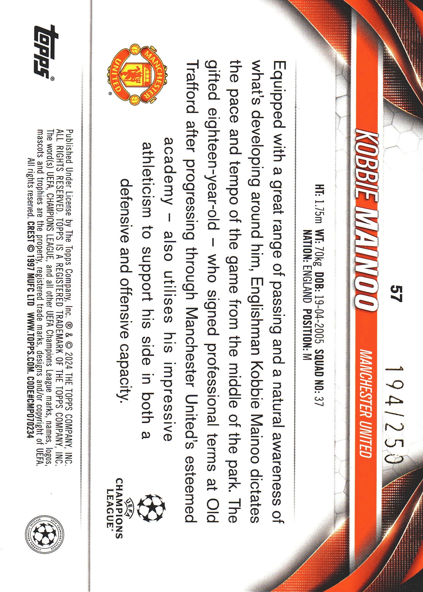 2023 Topps UCC Kobie Mainoo Future Stars Navy Blue Foil /250 #57 Manchester United