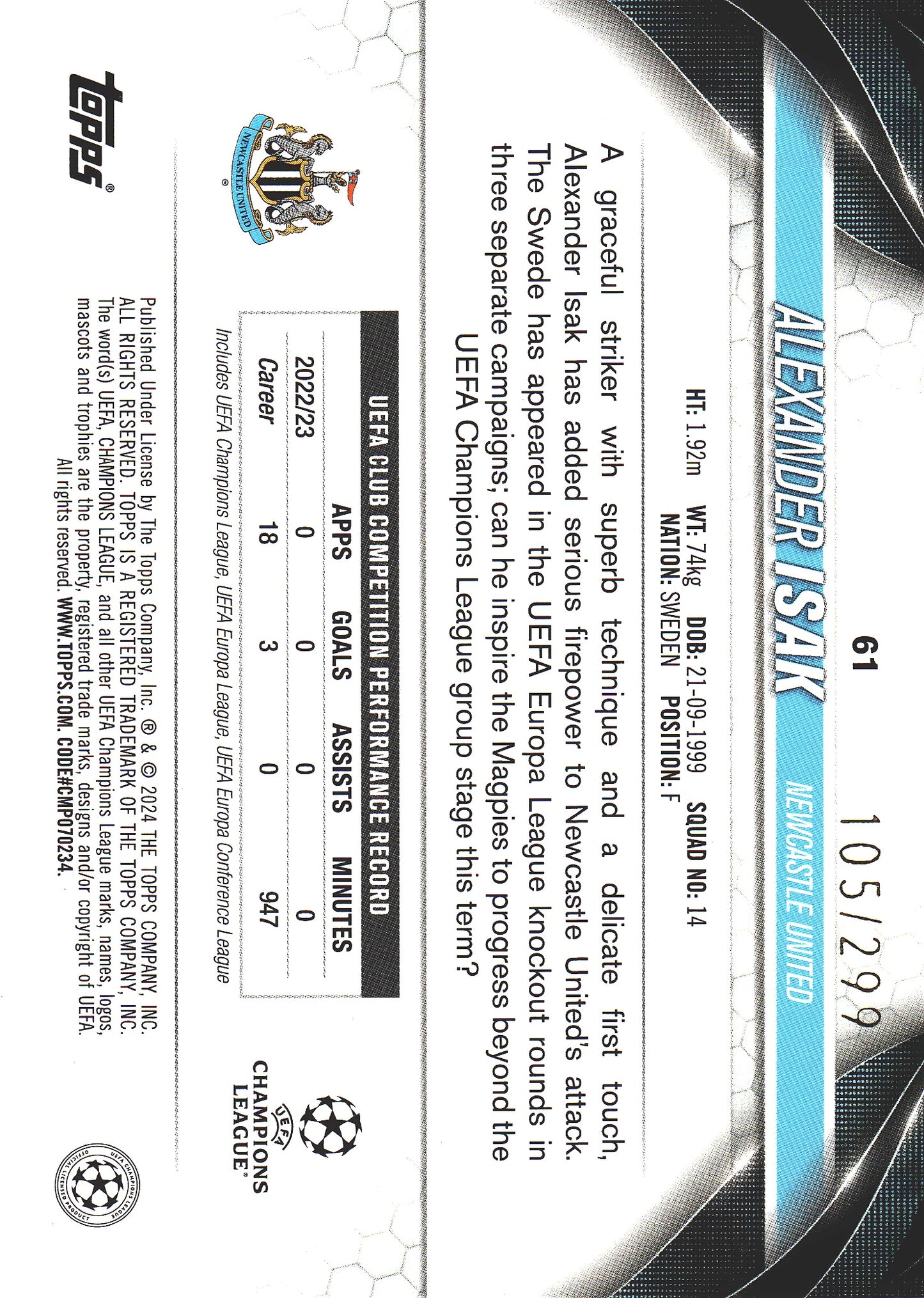 2023 Topps UCC Alexander Isak Purple Foil /299 #61 Newcastle