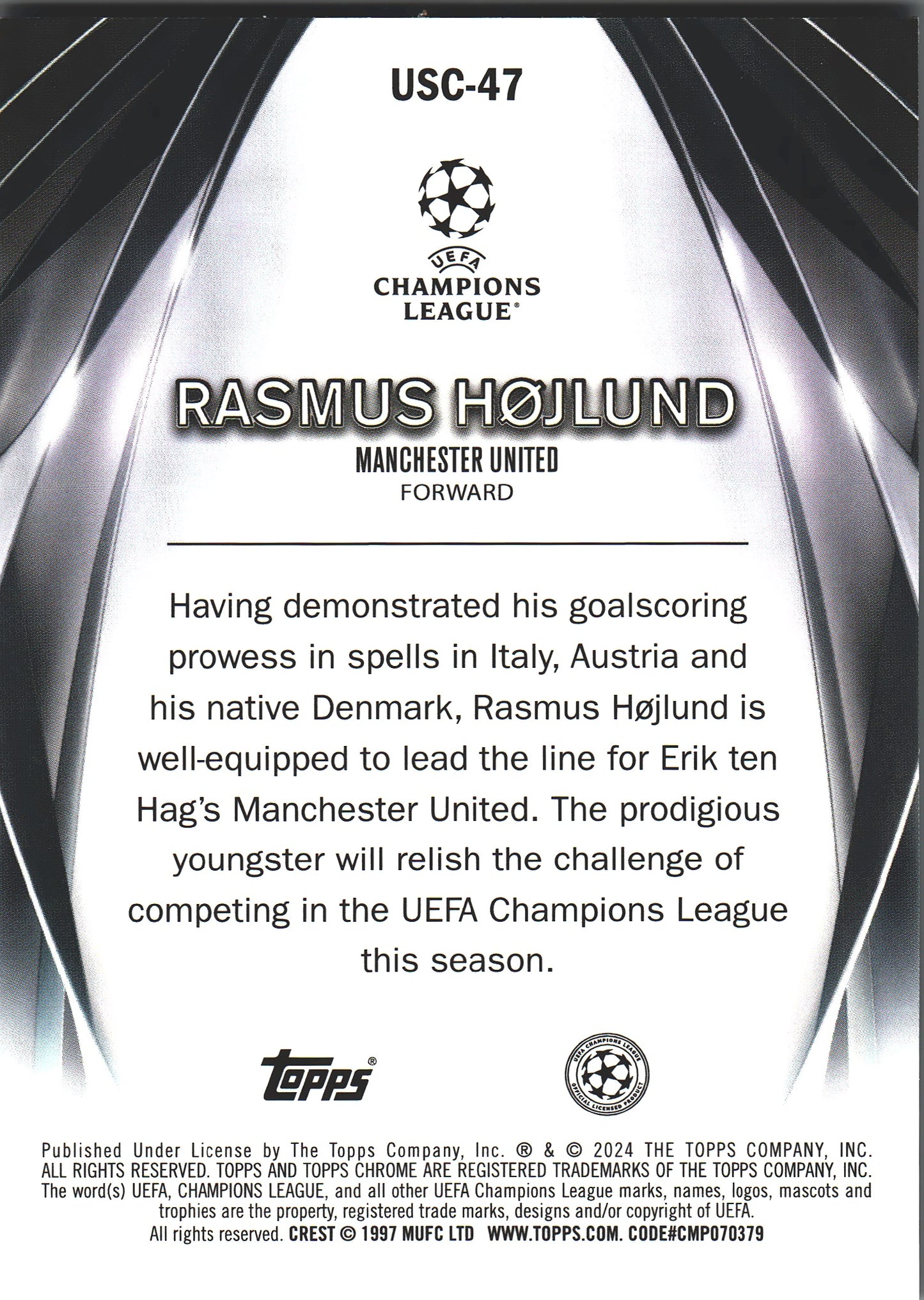 2023 Topps UCC Rasmus Hojlund Ultimate Stage Purple /75 #USC-47 Manchester United