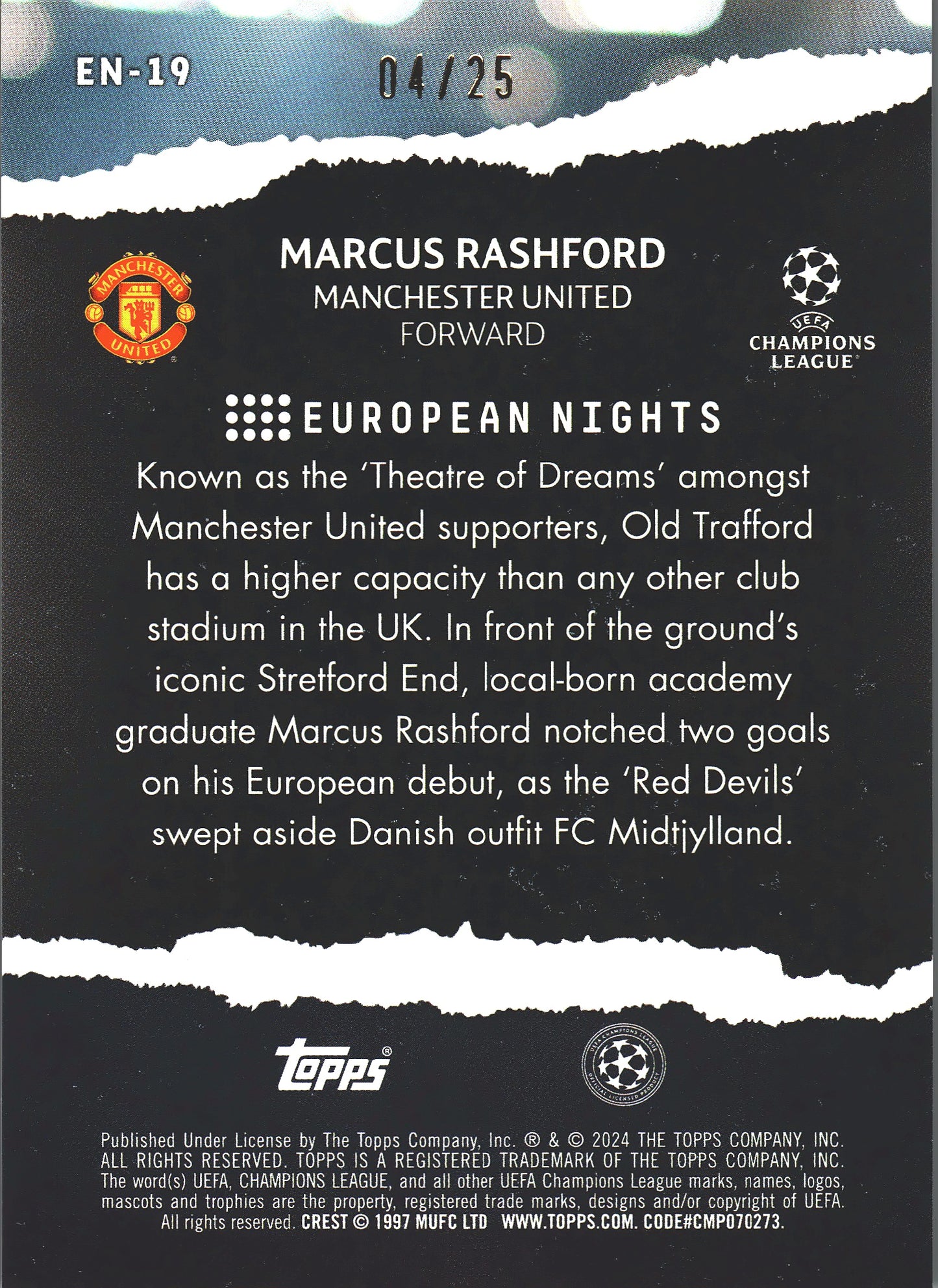 2023 Topps UCC Marcus Rashford European Nights Orange Foil /25 #EN-19 Manchester United