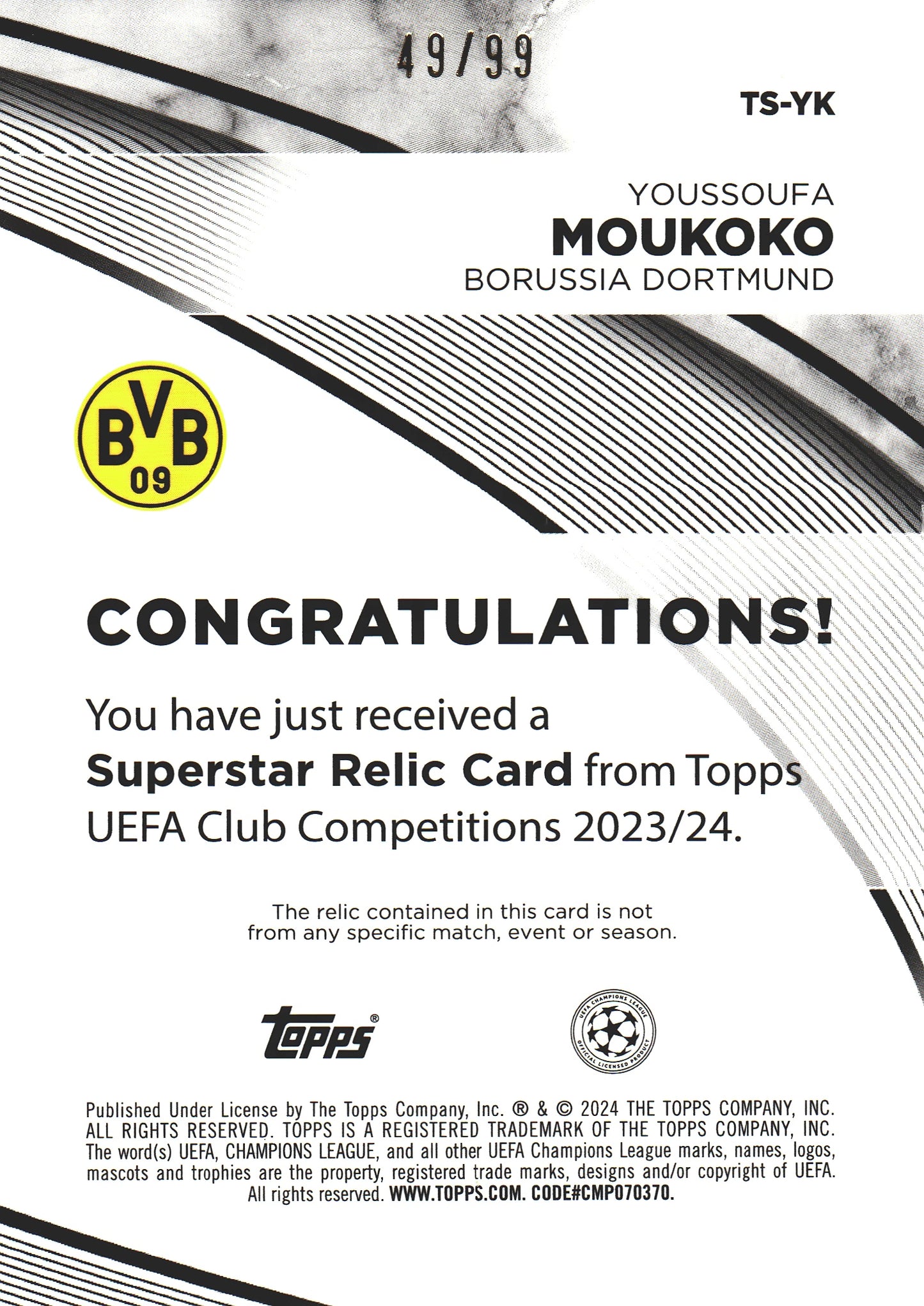 2023 Topps UCC Youssoufa Moukoko Superstar Relics Blue Icy /99 #TS-YK BVB Dortmund