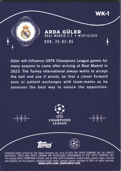 2023 Topps Chrome UCC Arda Guler RC Wonderkids #WK-1 Real Madrid