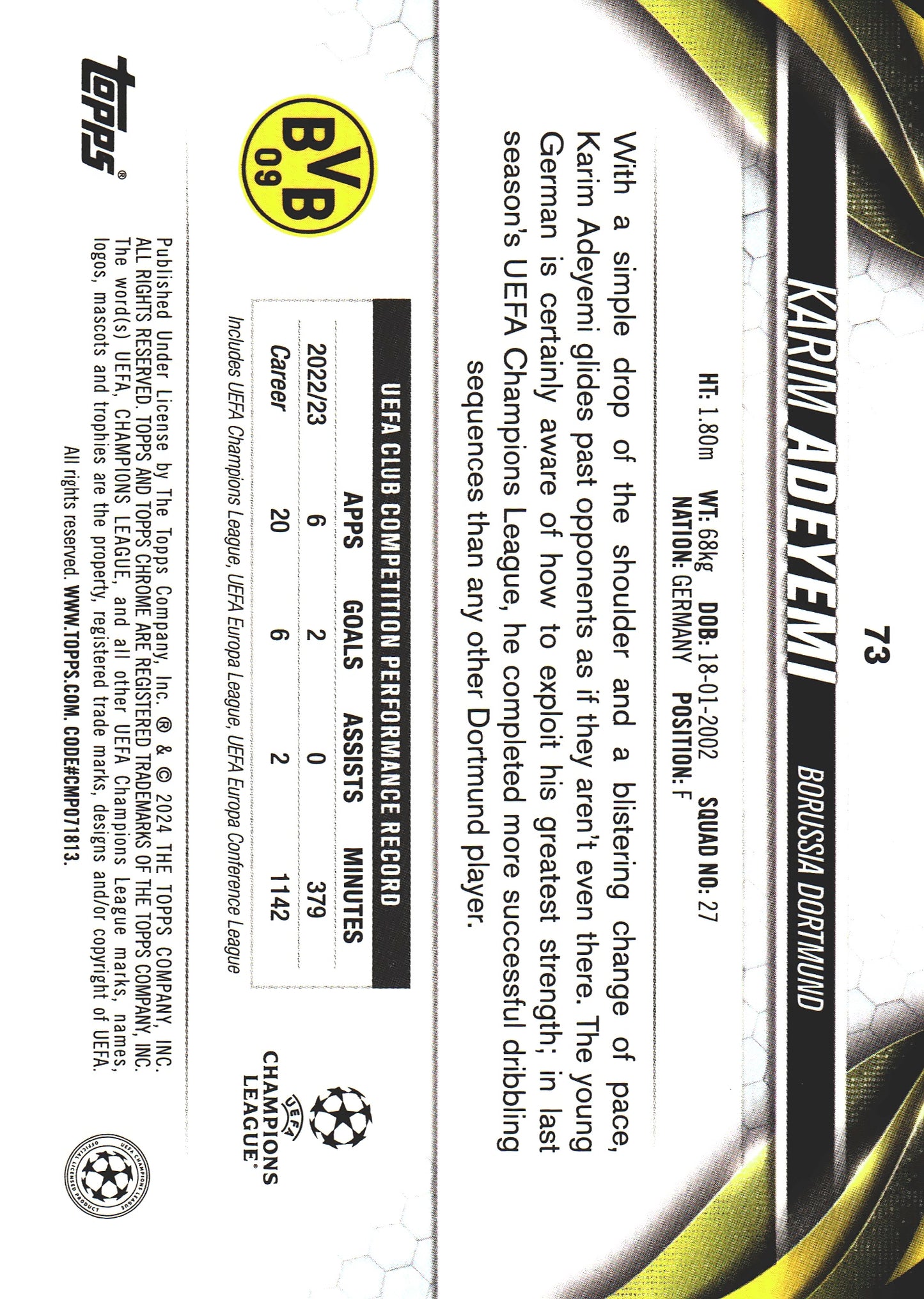 2023 Topps Chrome UCC Karim Adeyemi Pink Geometric Refractor /250 #73 BVB Dortmund