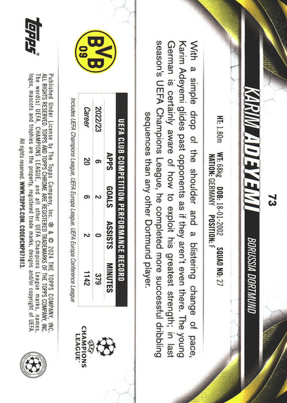 2023 Topps Chrome UCC Karim Adeyemi Pink Geometric Refractor /250 #73 BVB Dortmund