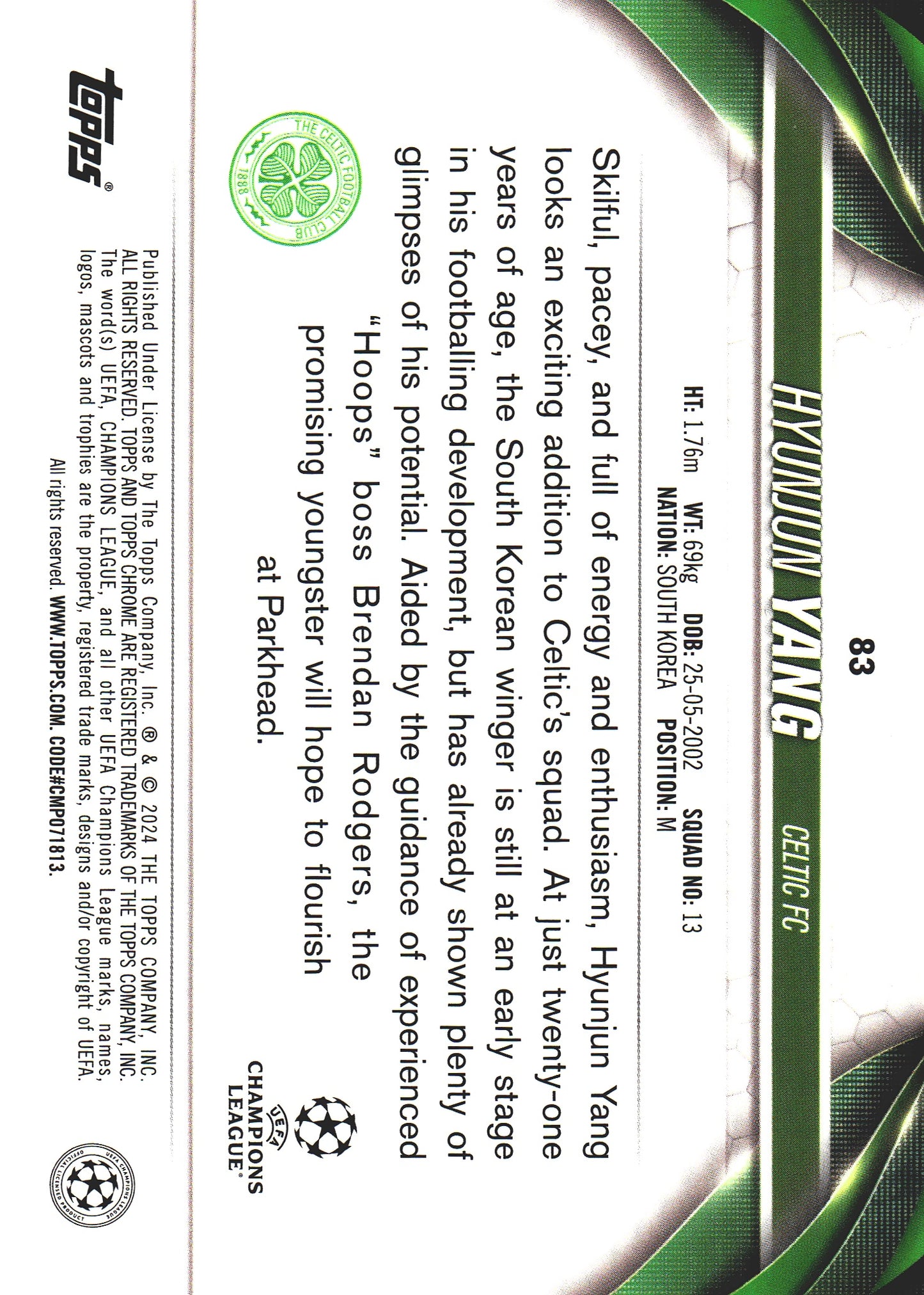 2023 Topps Chrome UCC Hyunjun Yang RC Blue Shimmer Refractor /150 #83 Celtic