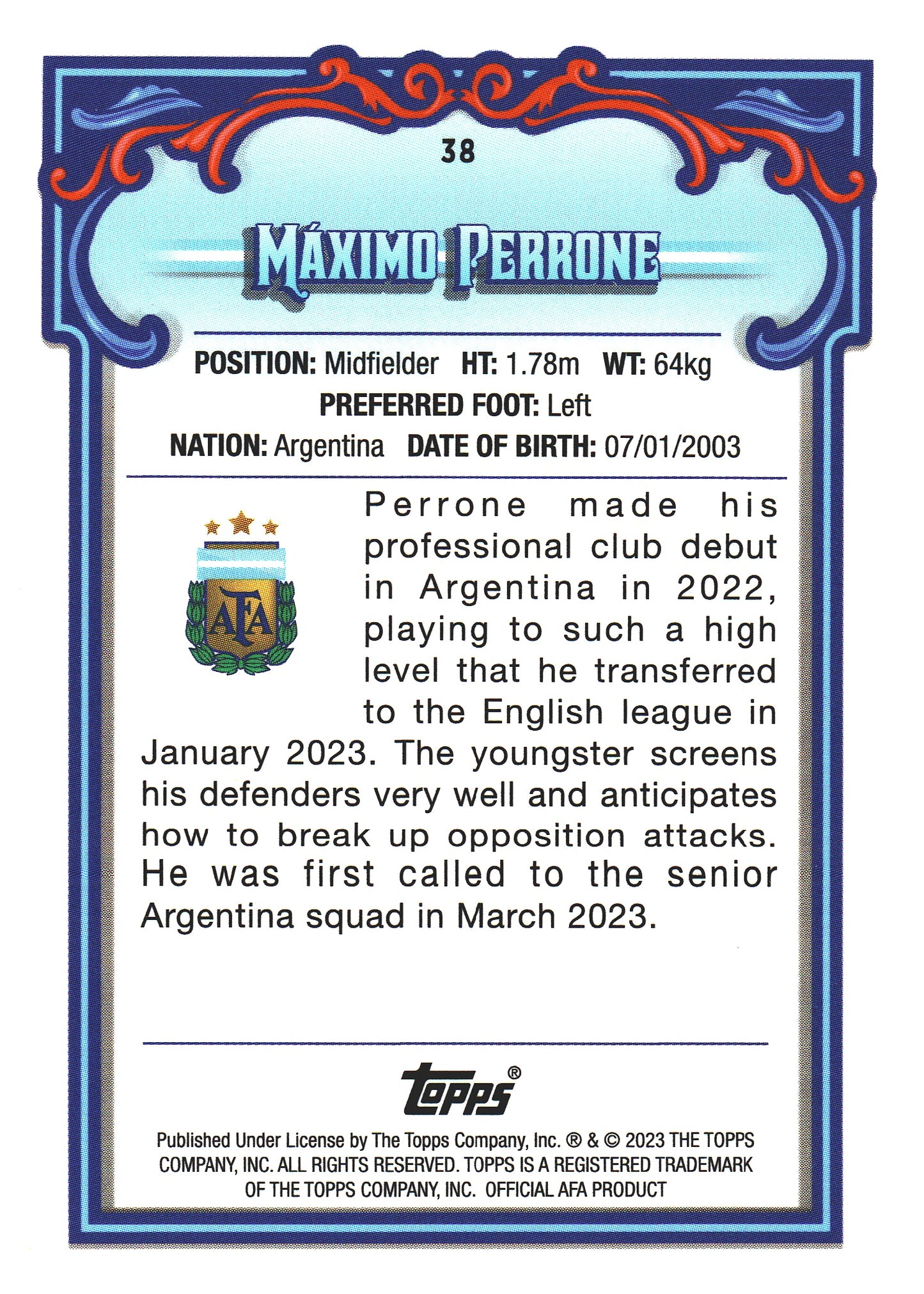 2023 Topps Argentina Fileteado Maximo Perrone 1st bowman #38 Argentina