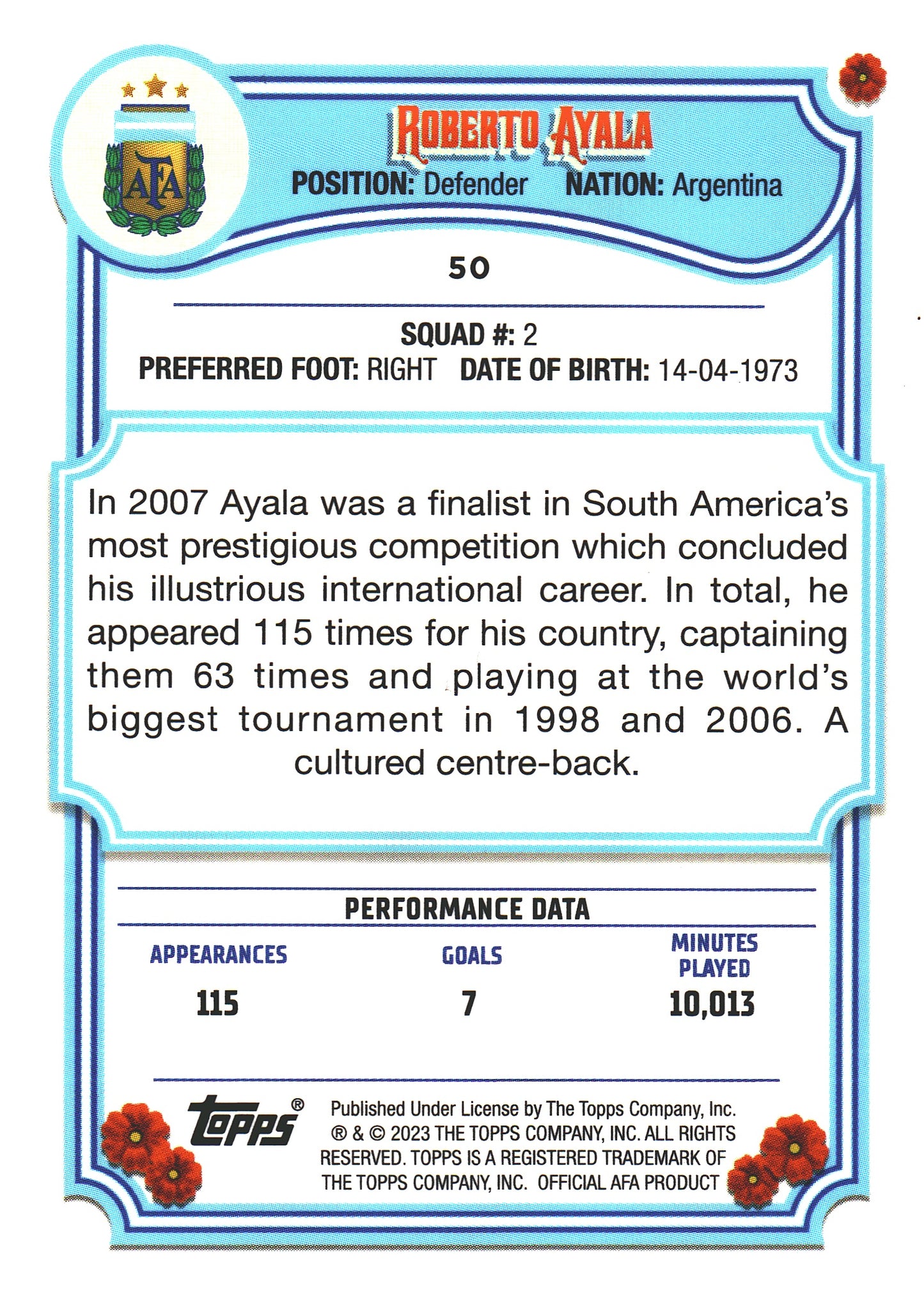 2023 Topps Argentina Fileteado Roberto Ayala #50 Argentina