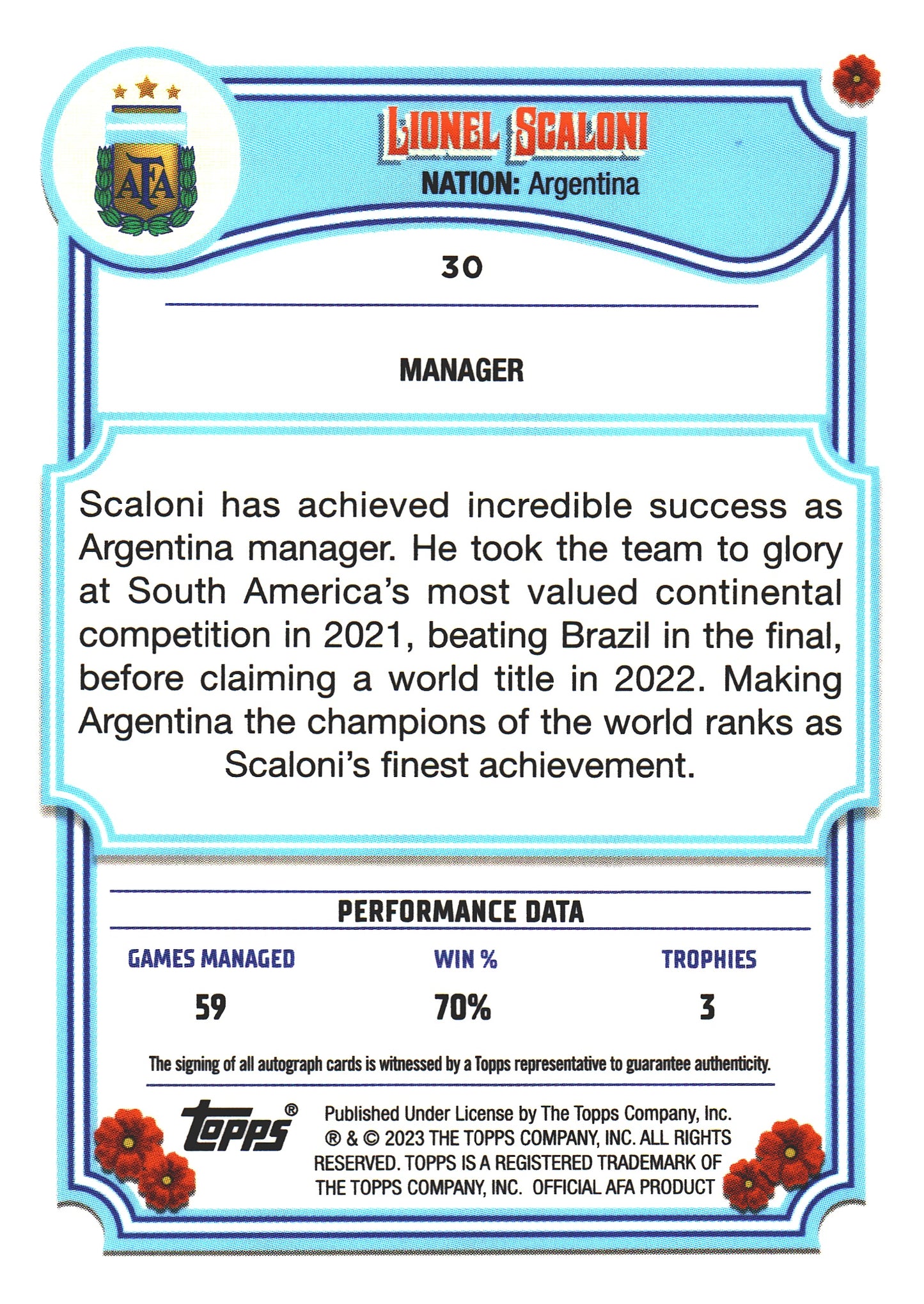 2023 Topps Argentina Fileteado Lionel Scaloni Autograph #30 Argentine