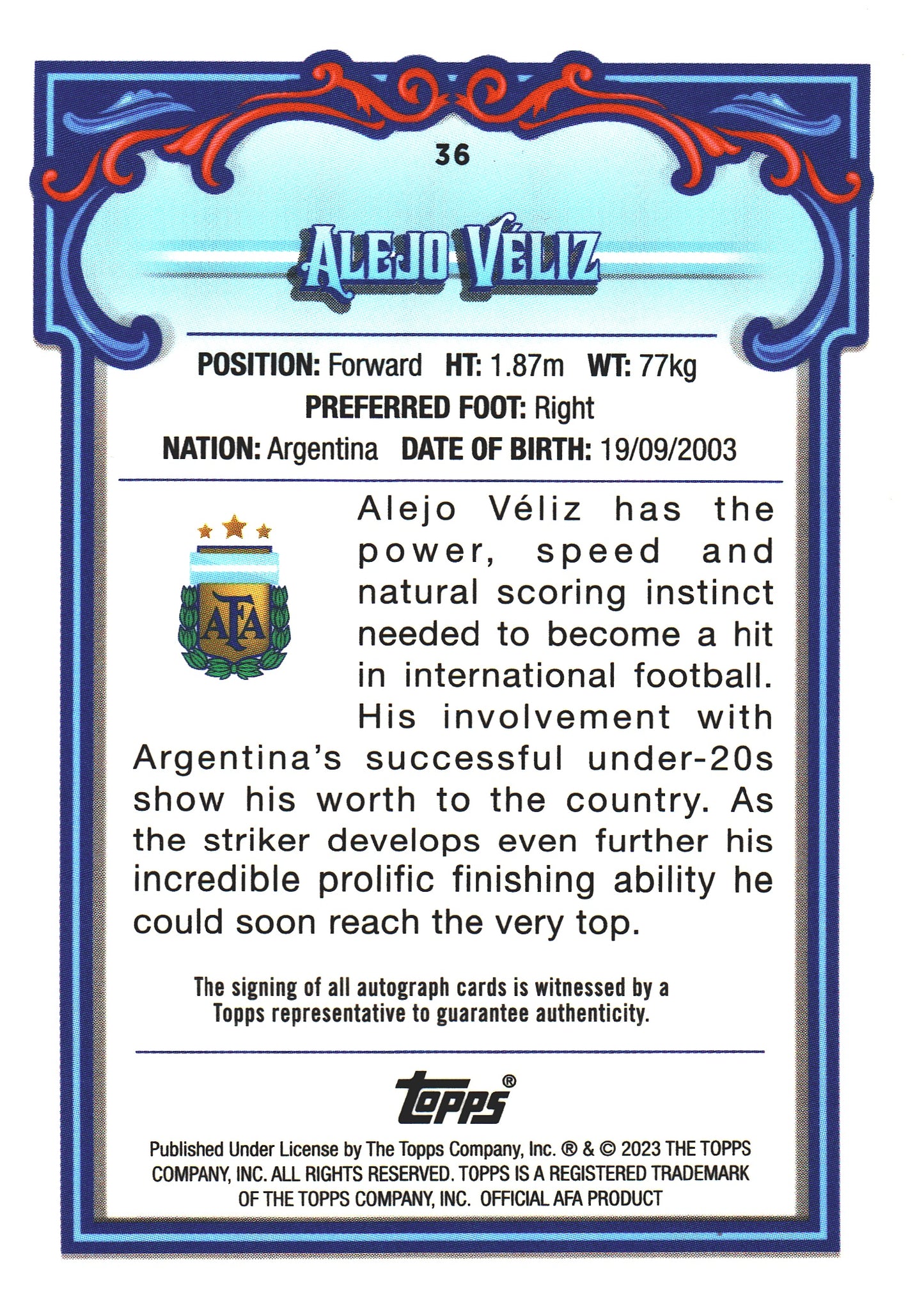 2023 Topps Argentina Fileteado Alejo Velez Autograph 1st Bowman #36 Argentine