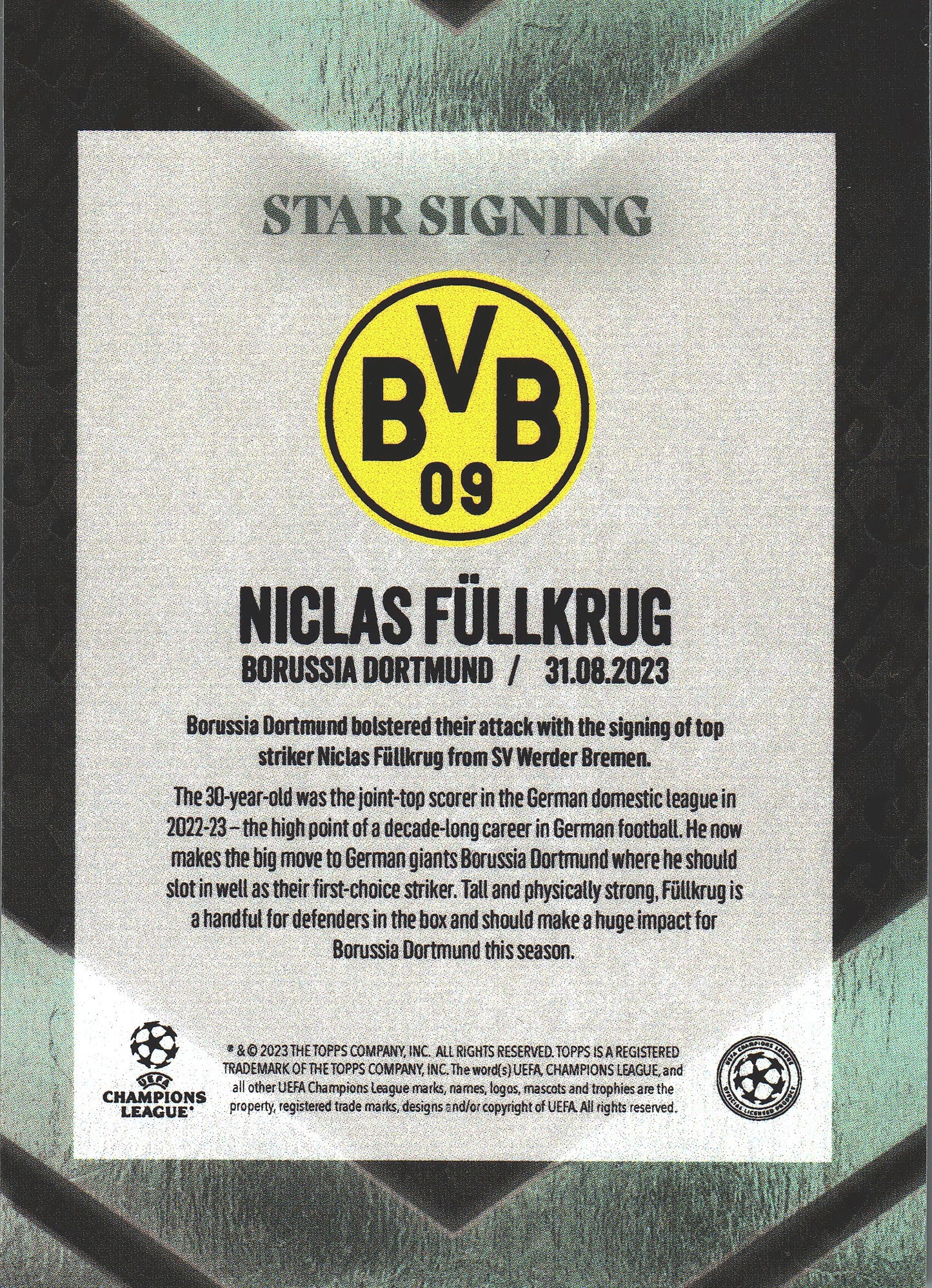 2023 Topps UCC Summer Signings Niclas Fullkrug Star Signing BVB Dortmund