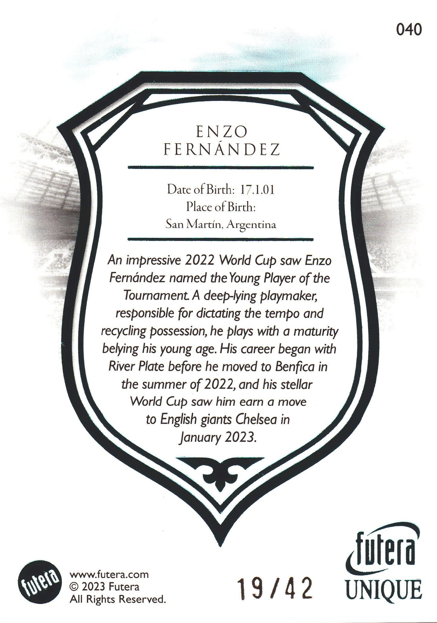 2023 Futera Unique Enzo Fernandez Blue /42 #40 Argentine
