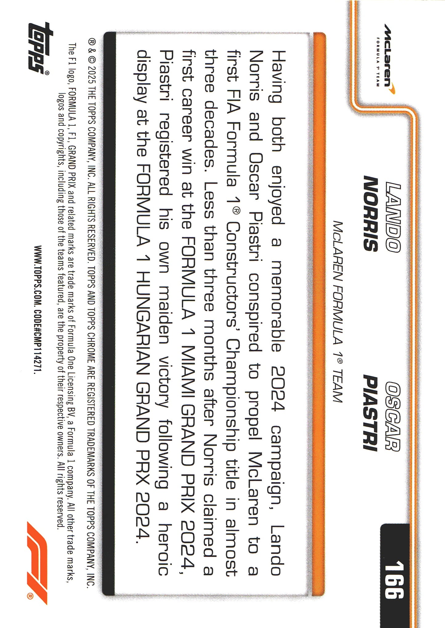 2025 Topps Chrome Formula 1 DUO Lando Norris / Oscar Piastri #166 McLaren