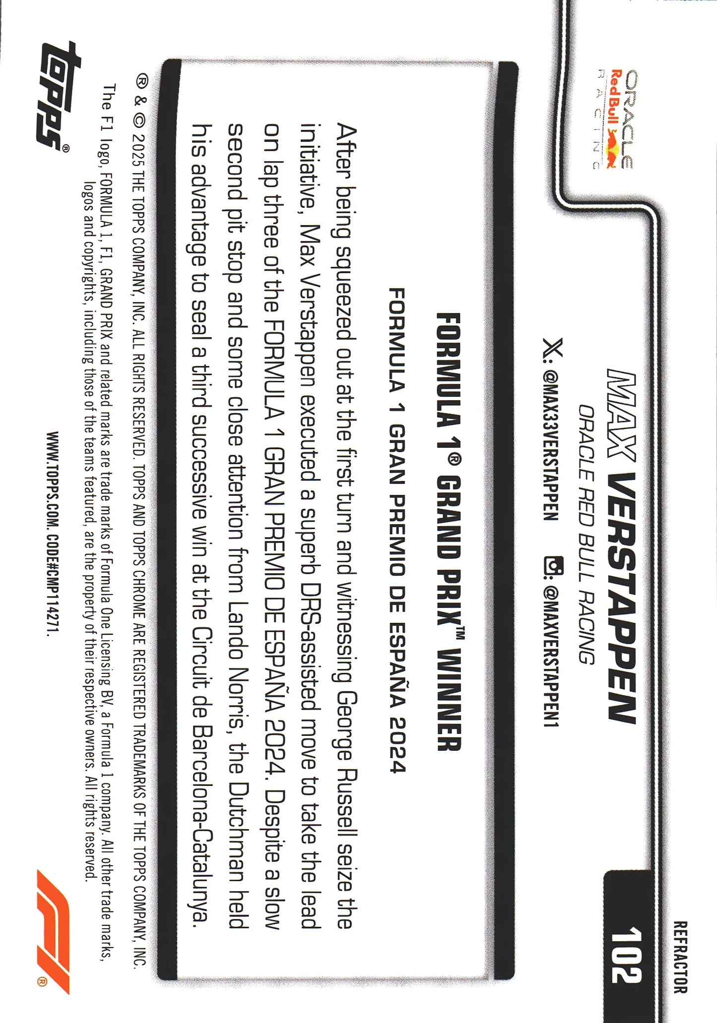 2025 Topps Chrome Formula 1 Max Verstappen GPW Refractor #102 Red Bull