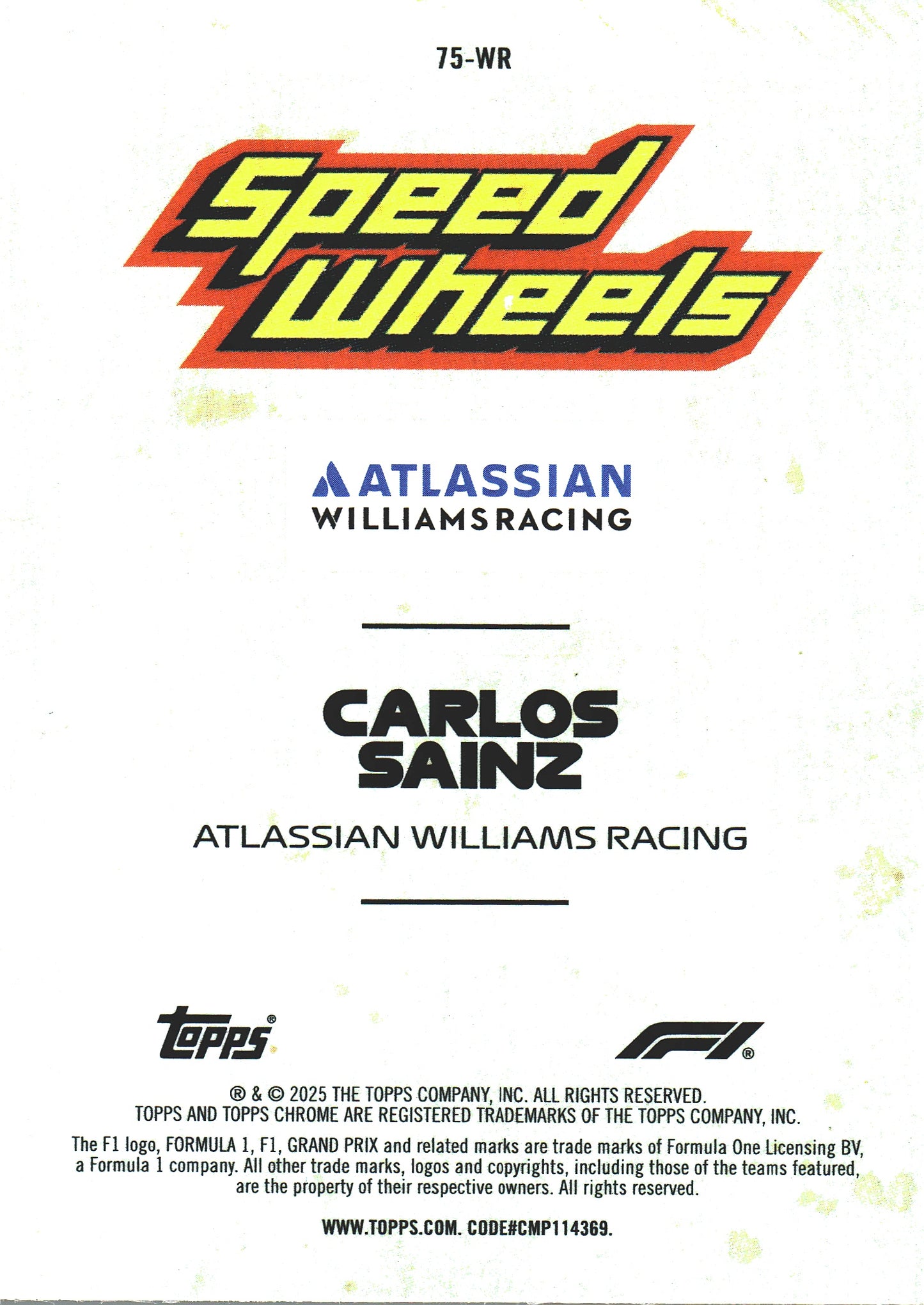2025 Topps Chrome Formula 1 1975 Speed Wheels Carlos Sainz #75-WR Williams