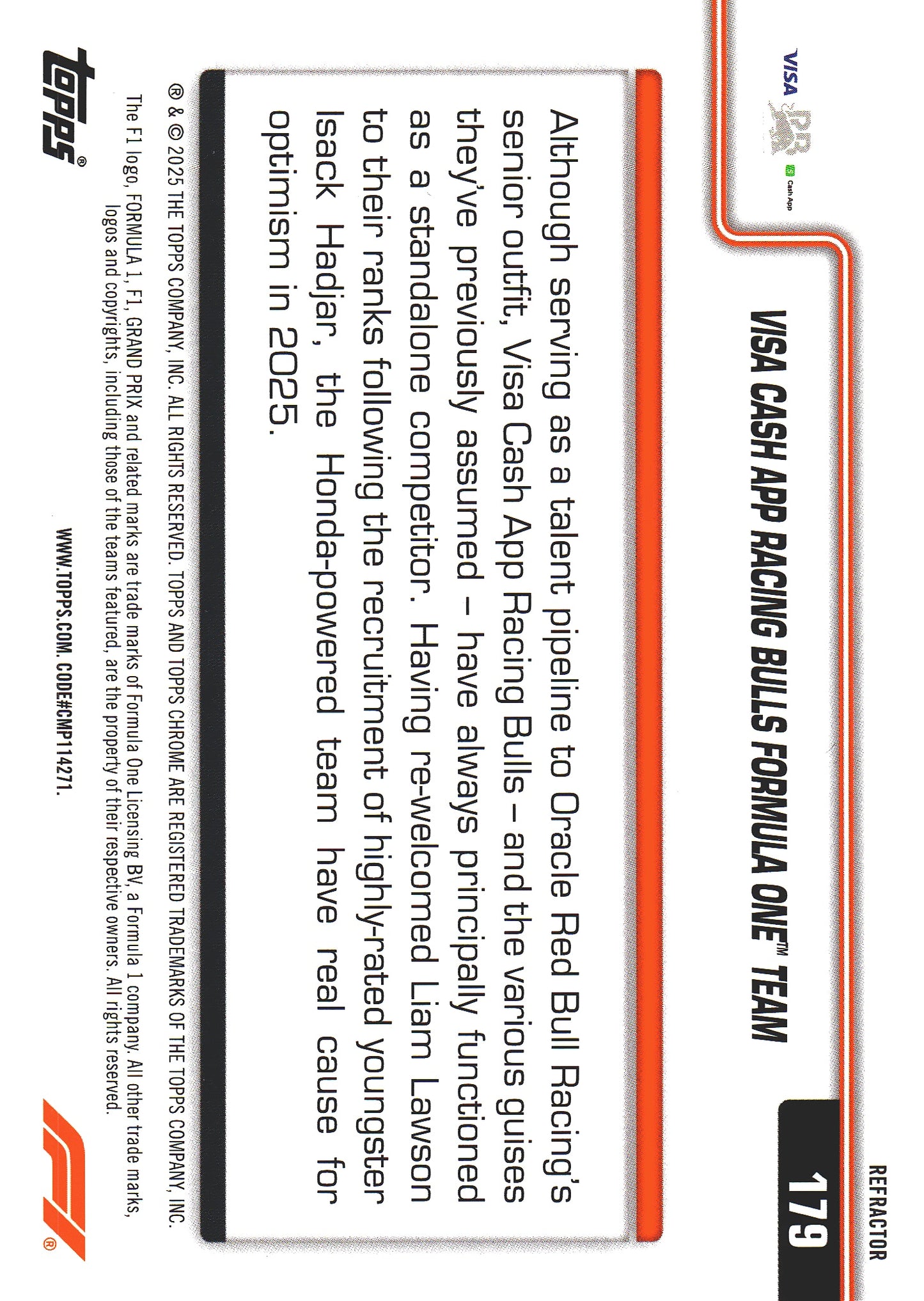 2025 Topps Chrome Formula 1 LOGO Refractor #179 Visa Cash App RB