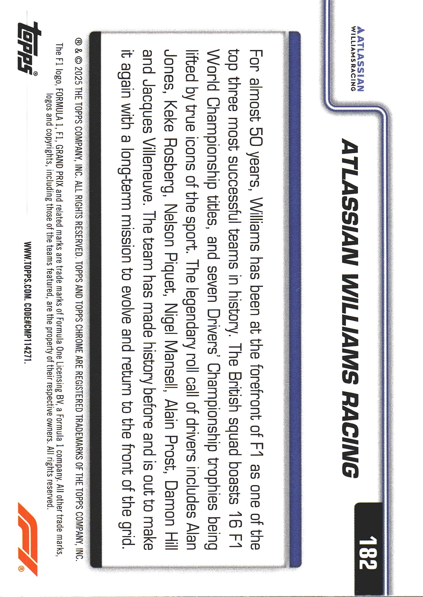 2025 Topps Chrome Formula 1 LOGO Black And White Lazer Refractor #182 Atlassian Williams Racing