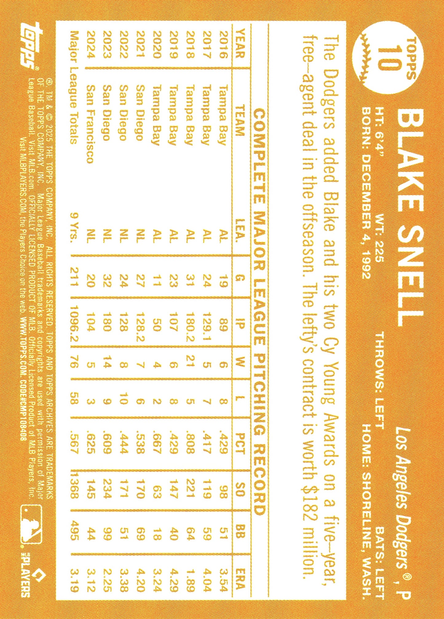 2025 Topps Archives Pink Blake Snell #10 Los Angeles Dodgers
