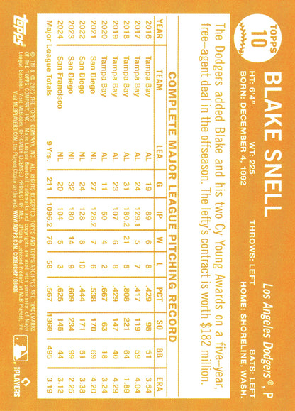 2025 Topps Archives Pink Blake Snell #10 Los Angeles Dodgers