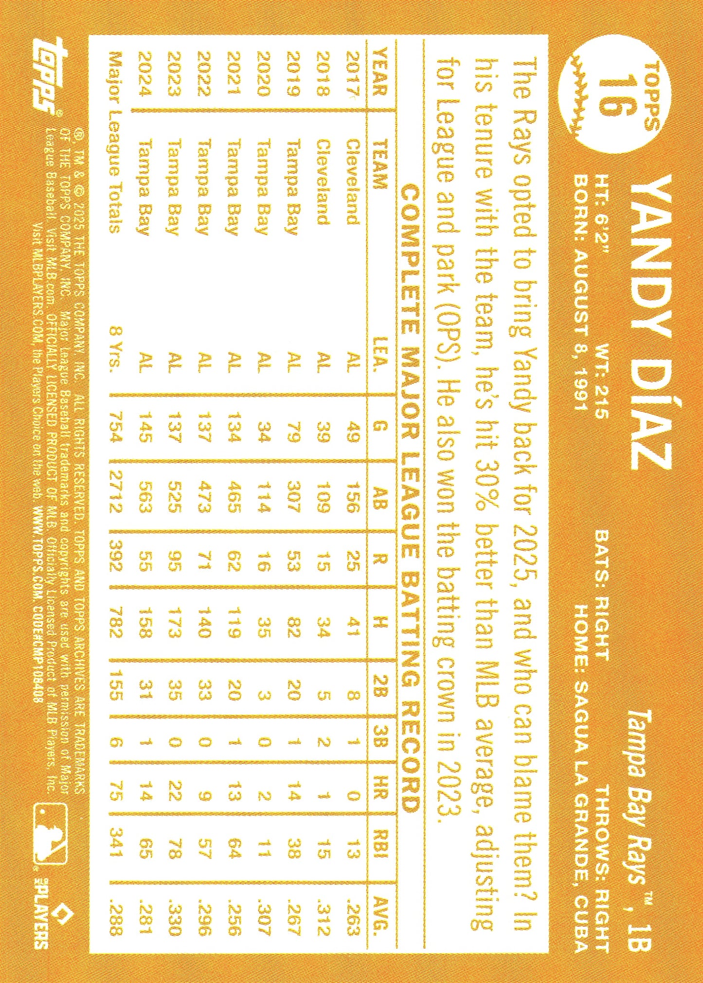 2025 Topps Archives Pink Yandy Diaz #16 Tampa Bay Rays