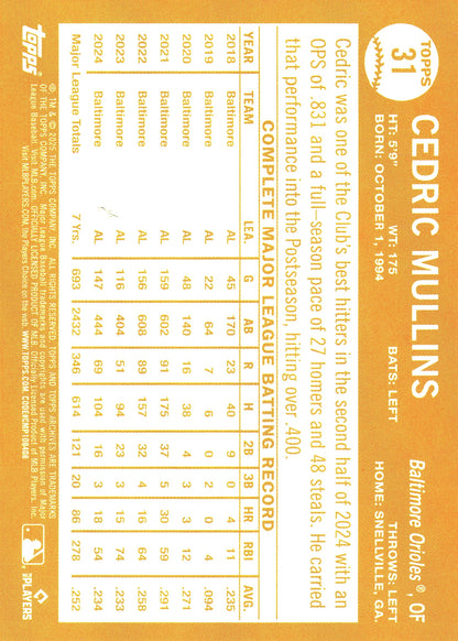 2025 Topps Archives Pink Cedric Mullins #31 Baltimore Orioles