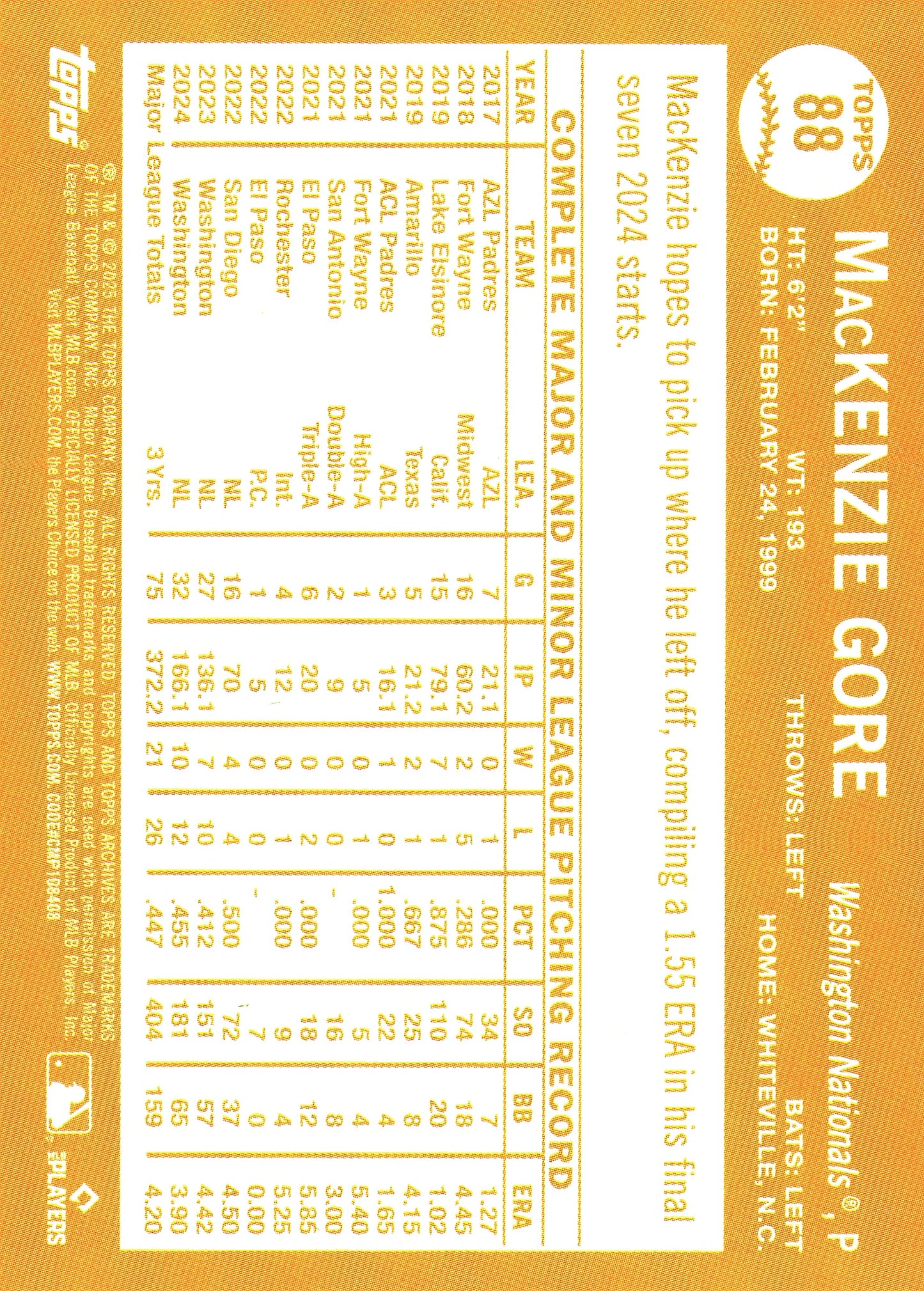 2025 Topps Archives Pink MacKenzie Gore #88 Washington Nationals