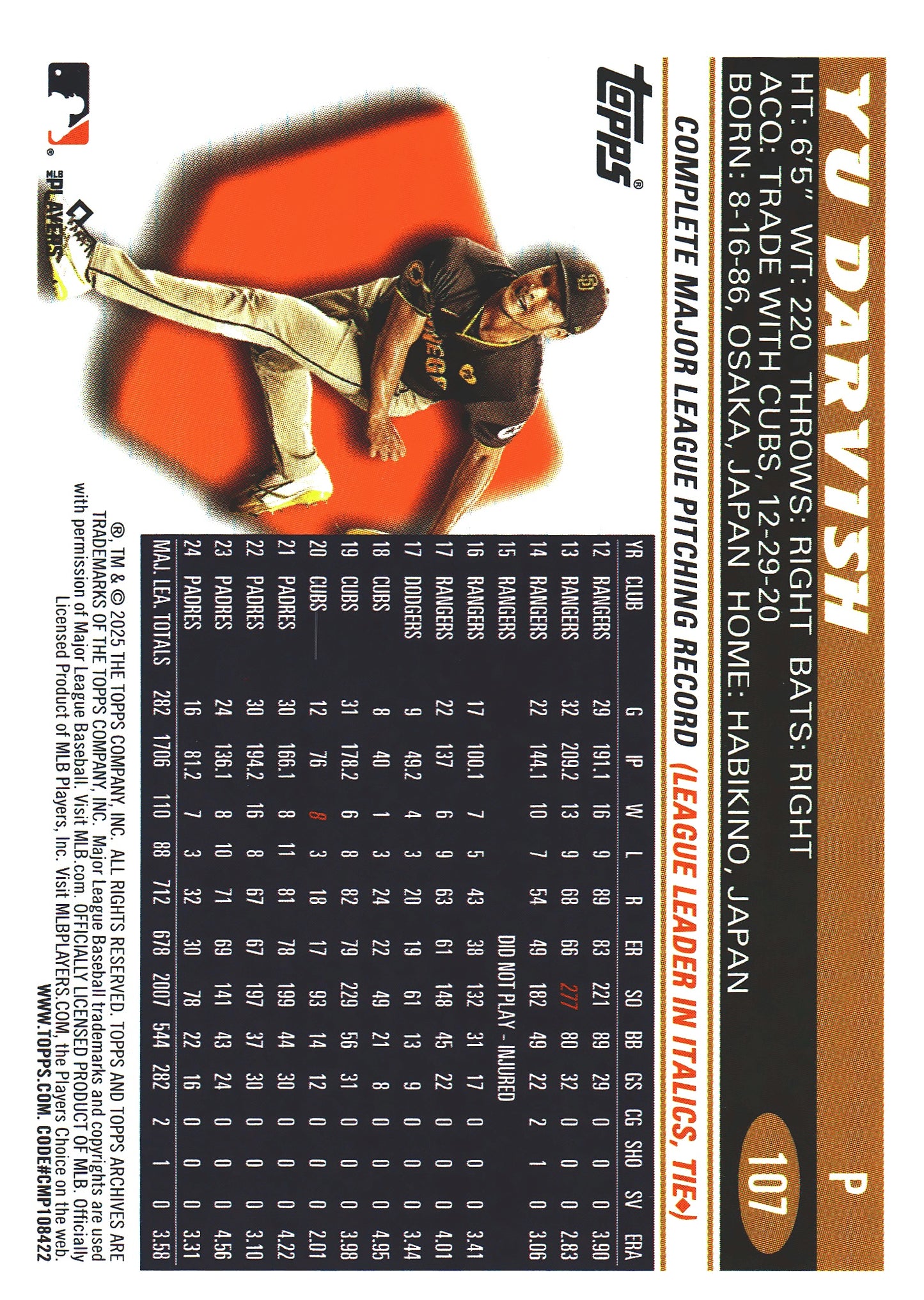 2025 Topps Archives Pink Yu Darvish #107 San Diego Padres