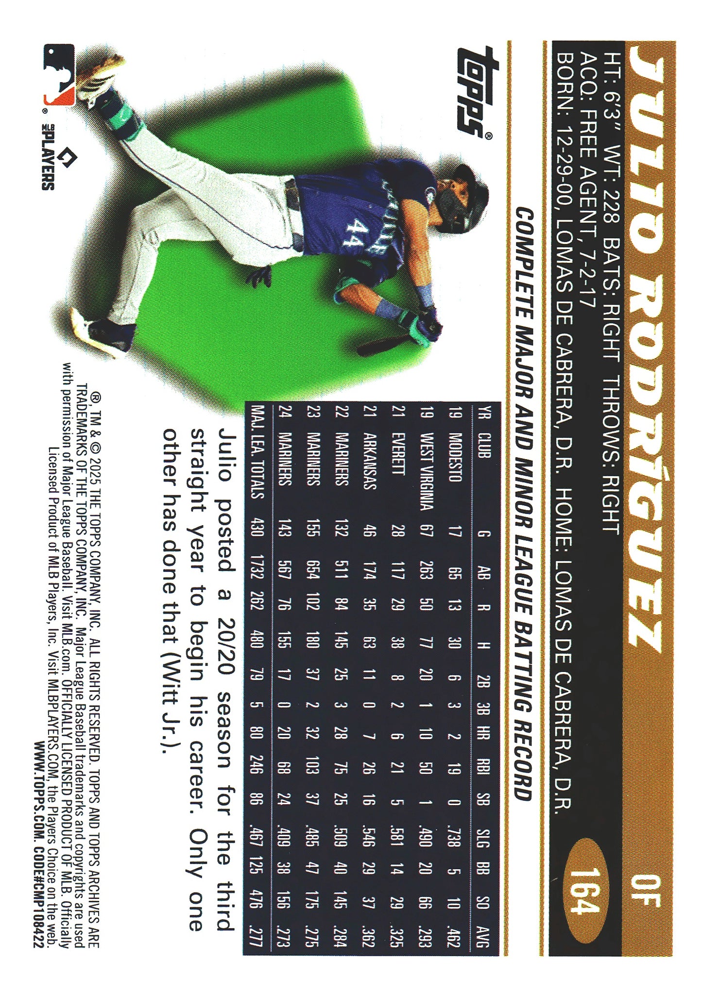 2025 Topps Archives Pink Julio Rodriguez #164 Seattle Mariners