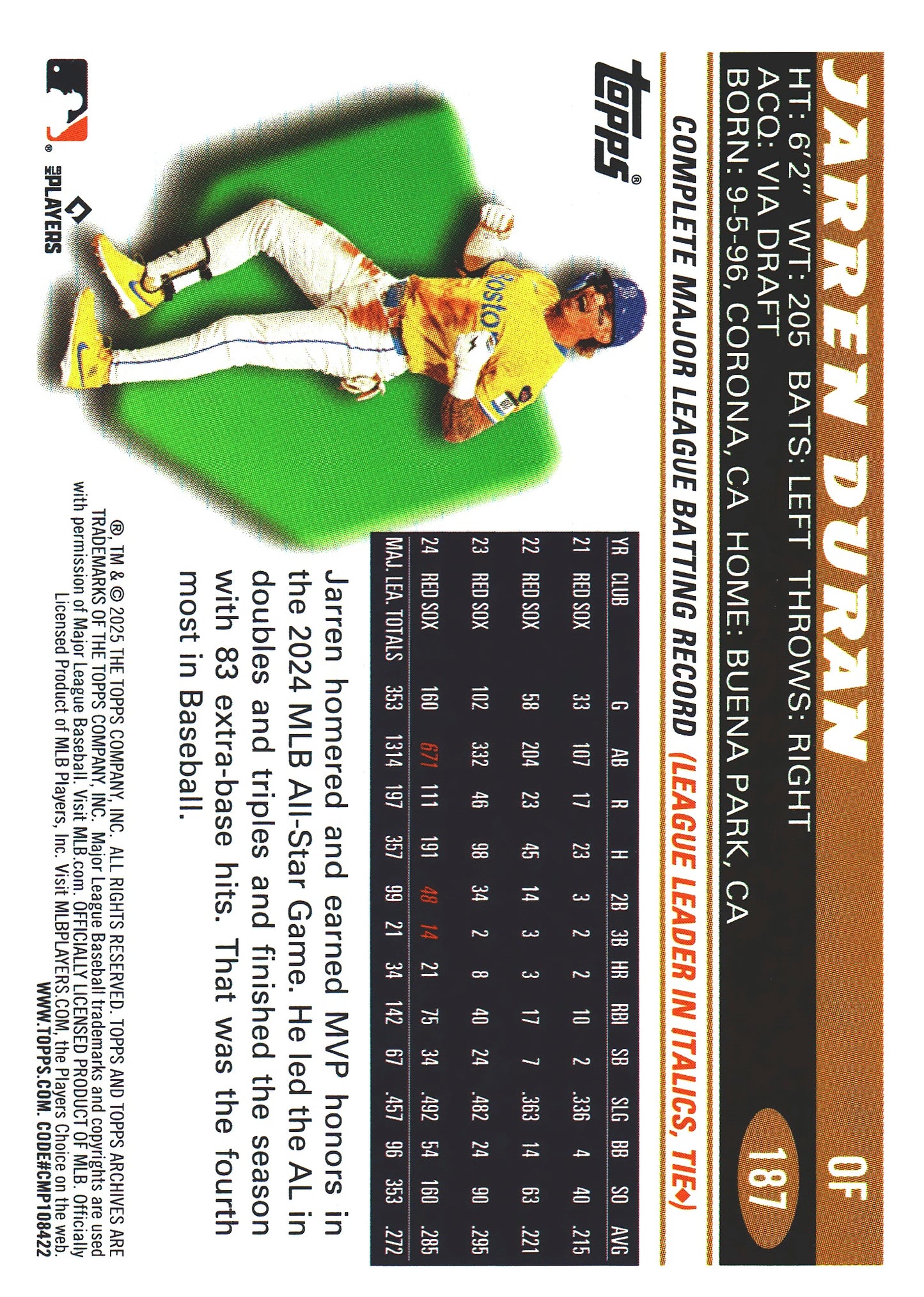 2025 Topps Archives Pink Jarren Duran #187 Boston Red Sox