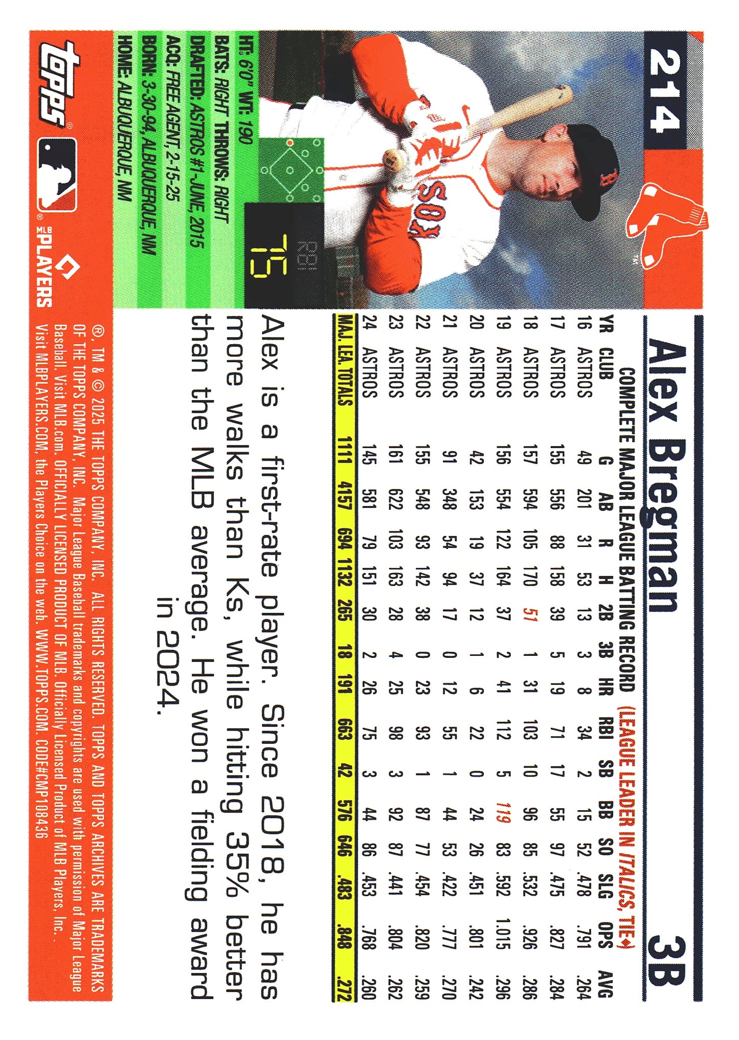 2025 Topps Archives Pink Alex Bregman #214 Boston Red Sox