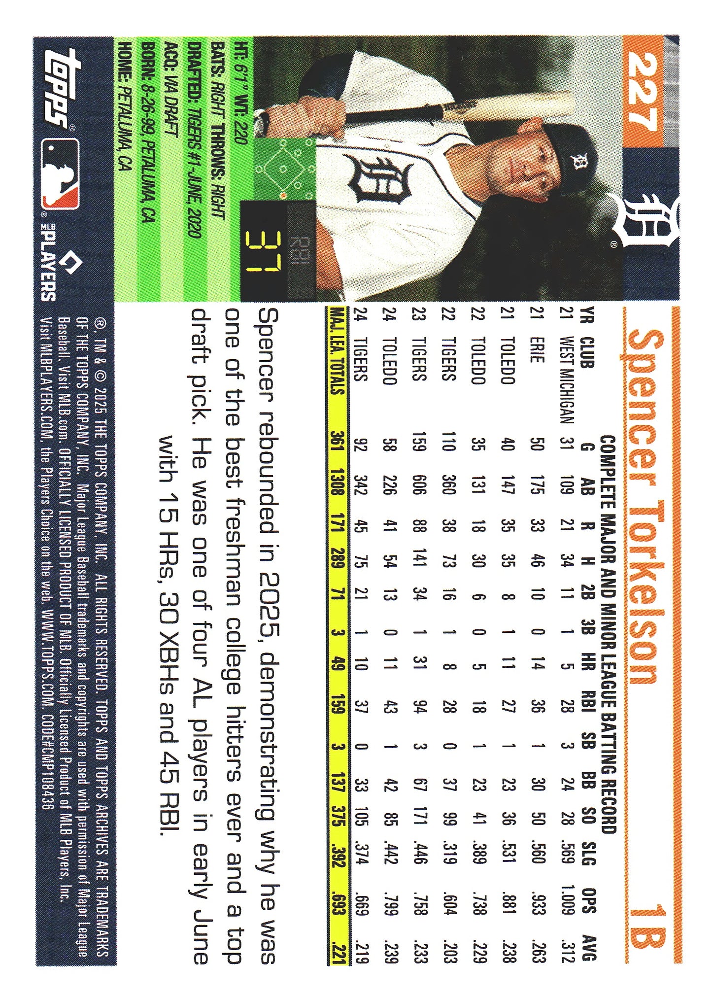 2025 Topps Archives Pink Spencer Torkelson #227 Detroit Tigers