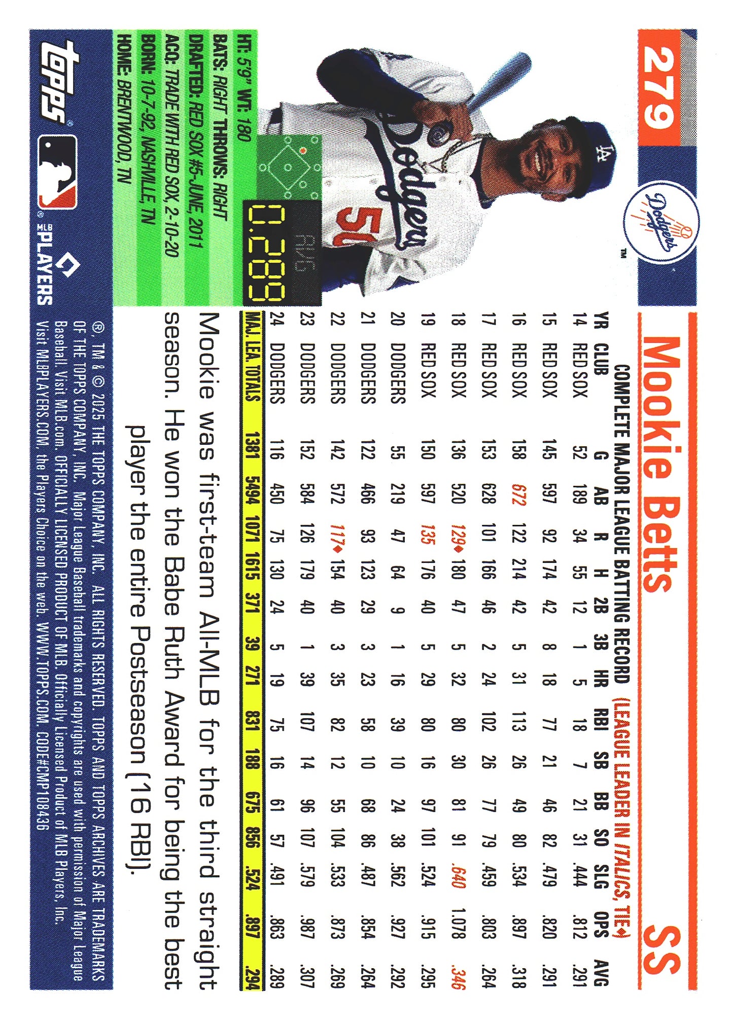 2025 Topps Archives Pink Mookie Betts #279 Los Angeles Dodgers