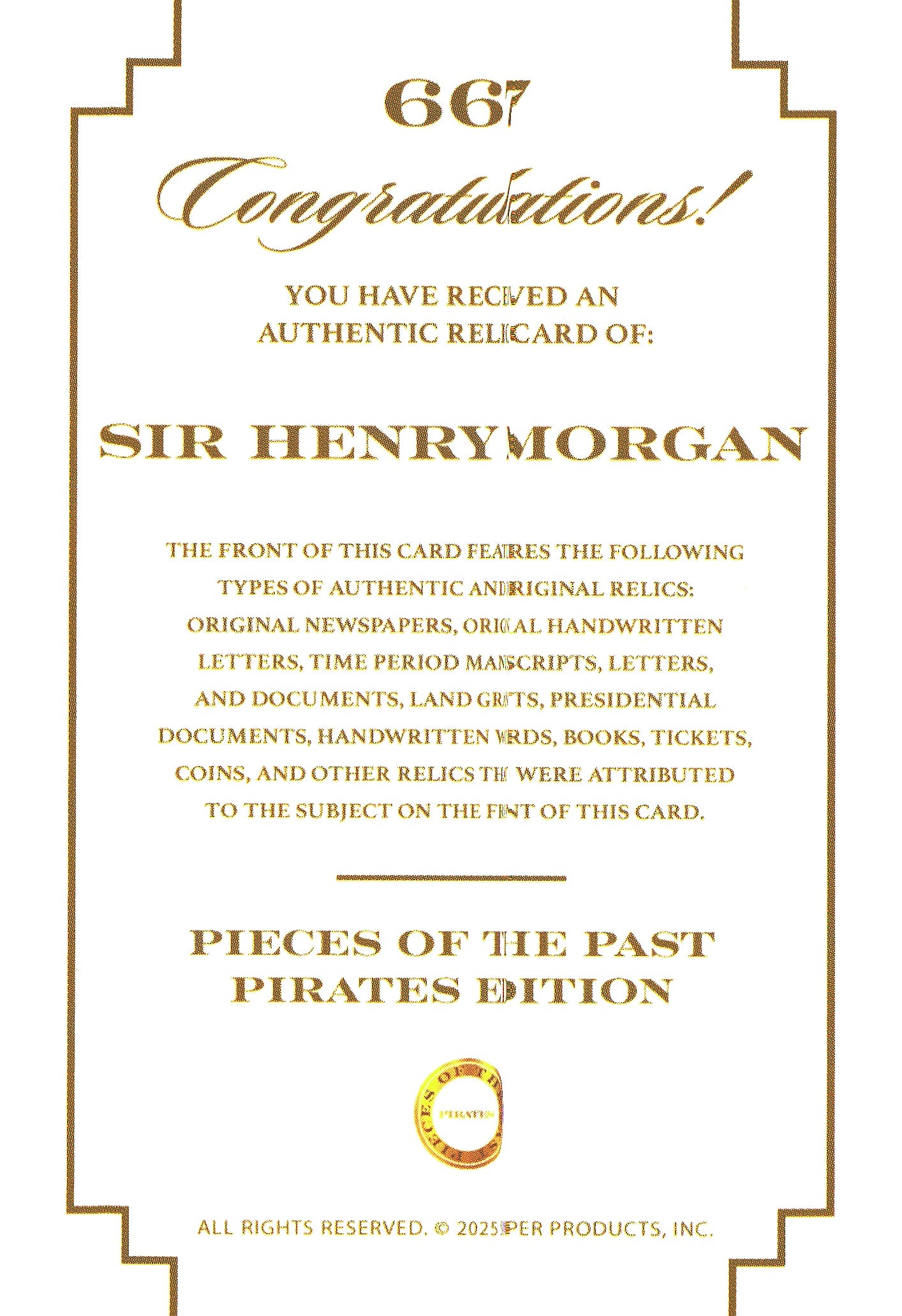 2025 Pieces of the Past Pirates Relic Sir Henry Morgan #667