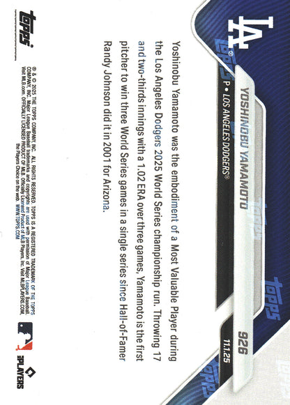 2025 Topps Now Yoshinobu Yamamoto #926 Los Angeles Dodgers