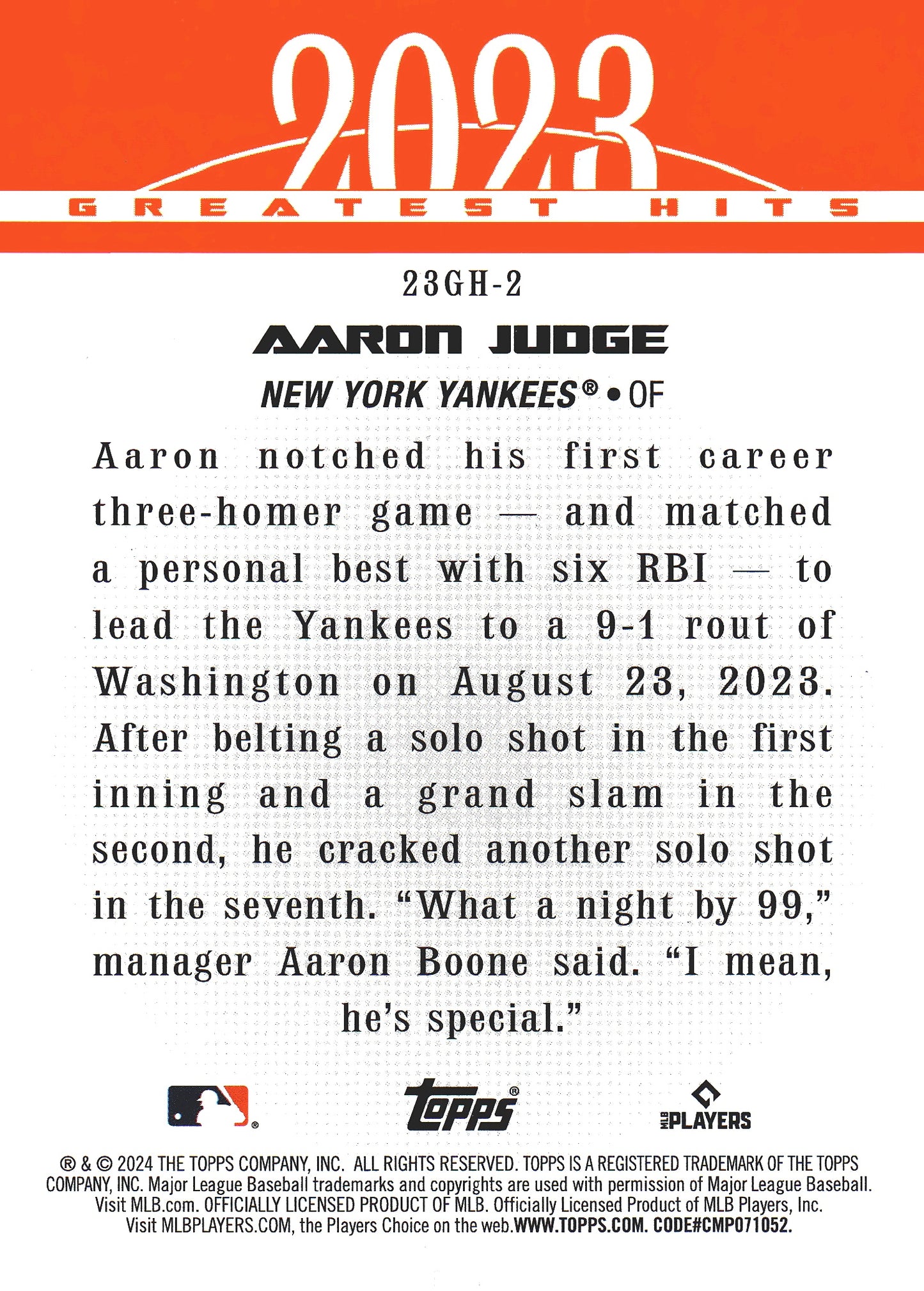 2024 Topps Series 1 2023 Greatest Hits Aaron Judge #23GH-2 New York Yankees