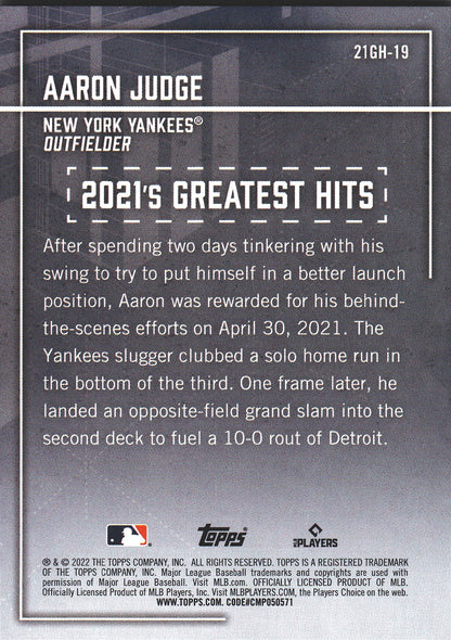 2022 Topps Series 1 2021's Greatest Hits Aaron Judge #21GH-19 New York Yankees