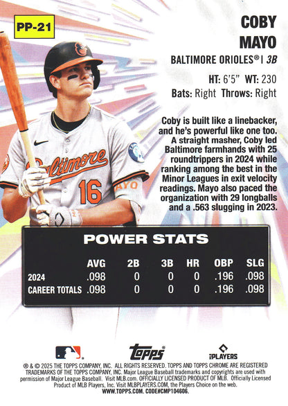 2025 Topps Chrome Power Players Coby Mayo #PP-21 Baltimore Orioles