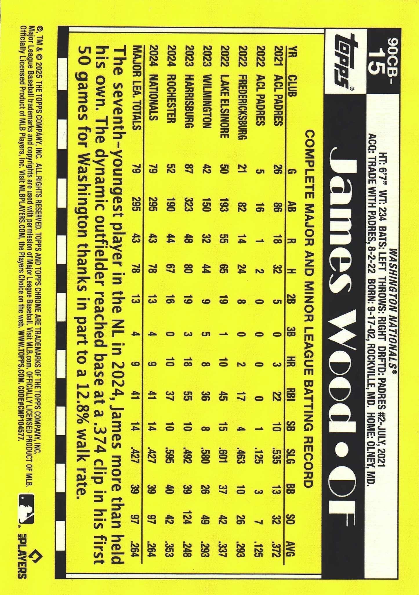 2025 Topps Chrome 1990 Baseball 35th Anniversary James Wood #90CB-15 Washington Nationals
