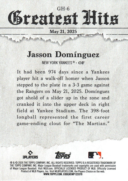 2026 Topps Series 1 2025 Greatest Hits Blue Foil Jasson Dominguez /150 #GH-6 New York Yankees