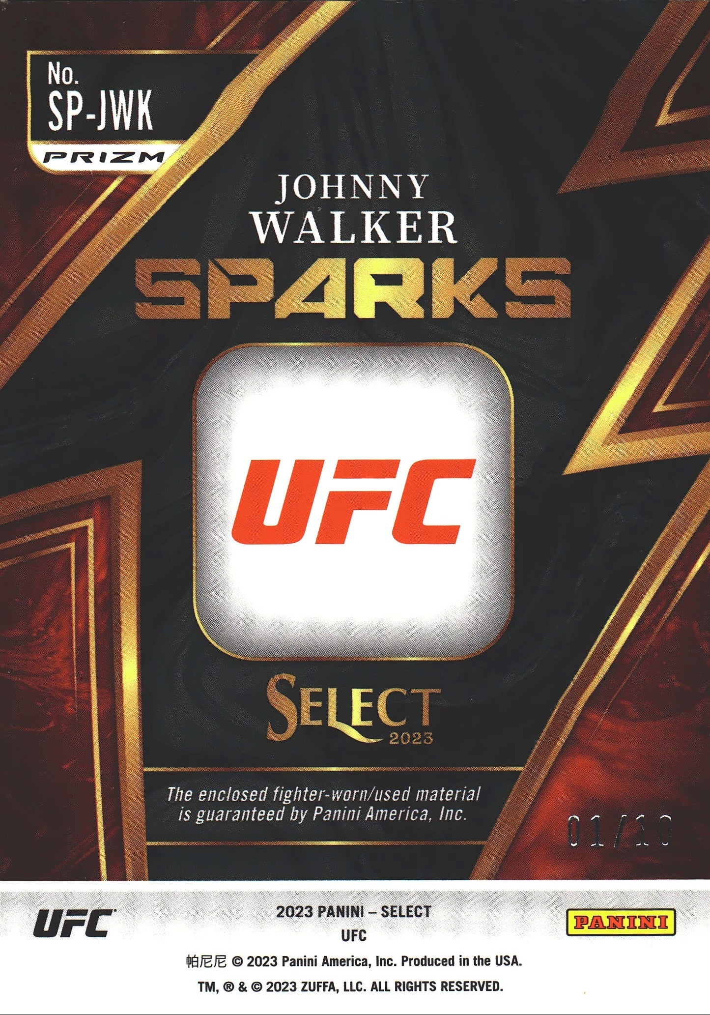 2023 Panini UFC Select Sparks Relic Gold /10 Johnny Walker #SP-JWK