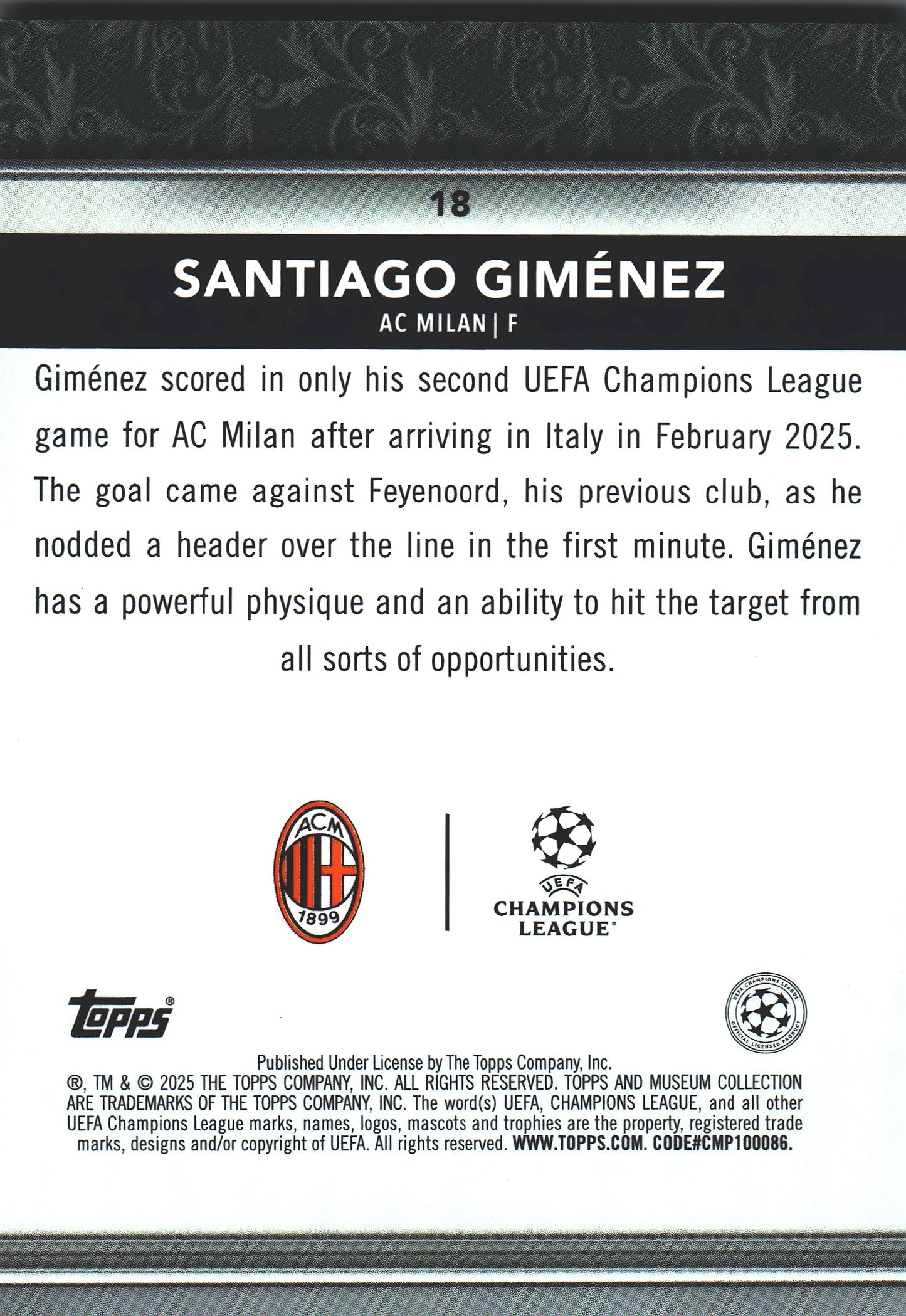 2024 Topps Museum UCC Santiago Gimenez #18 A.C. Milan