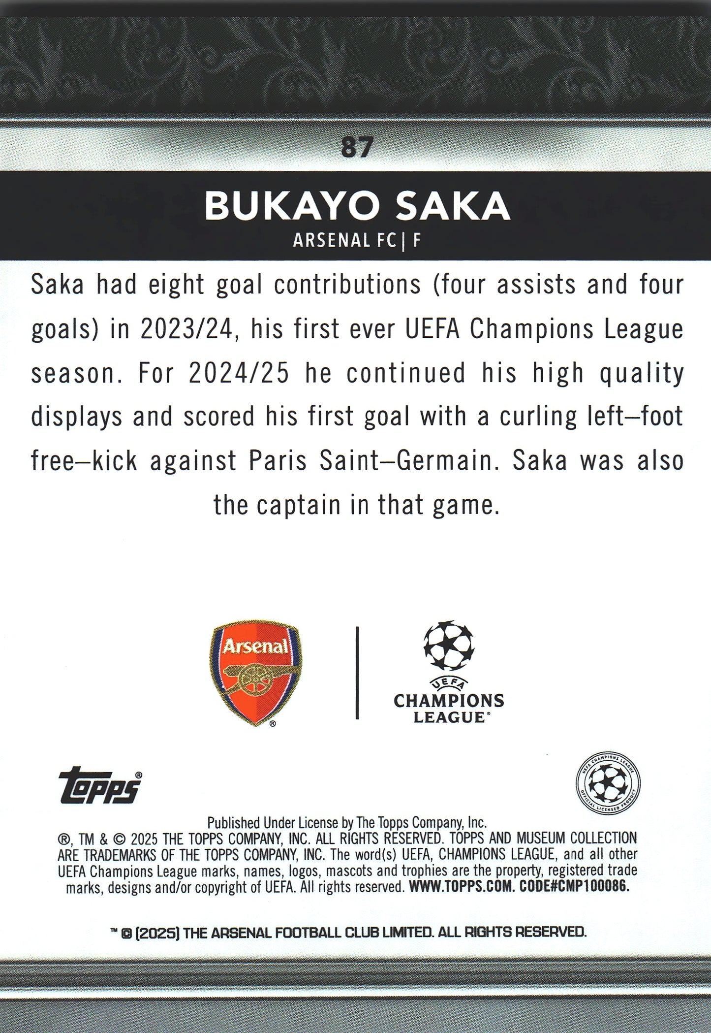 2024 Topps Museum UCC Bukayo Saka #87 Arsenal FC