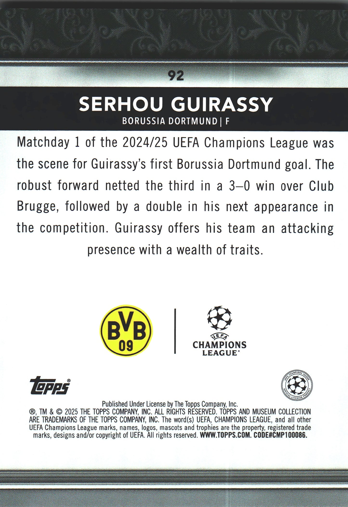 2024 Topps Museum UCC Serhou Guirassy #92 Borussia Dortmund