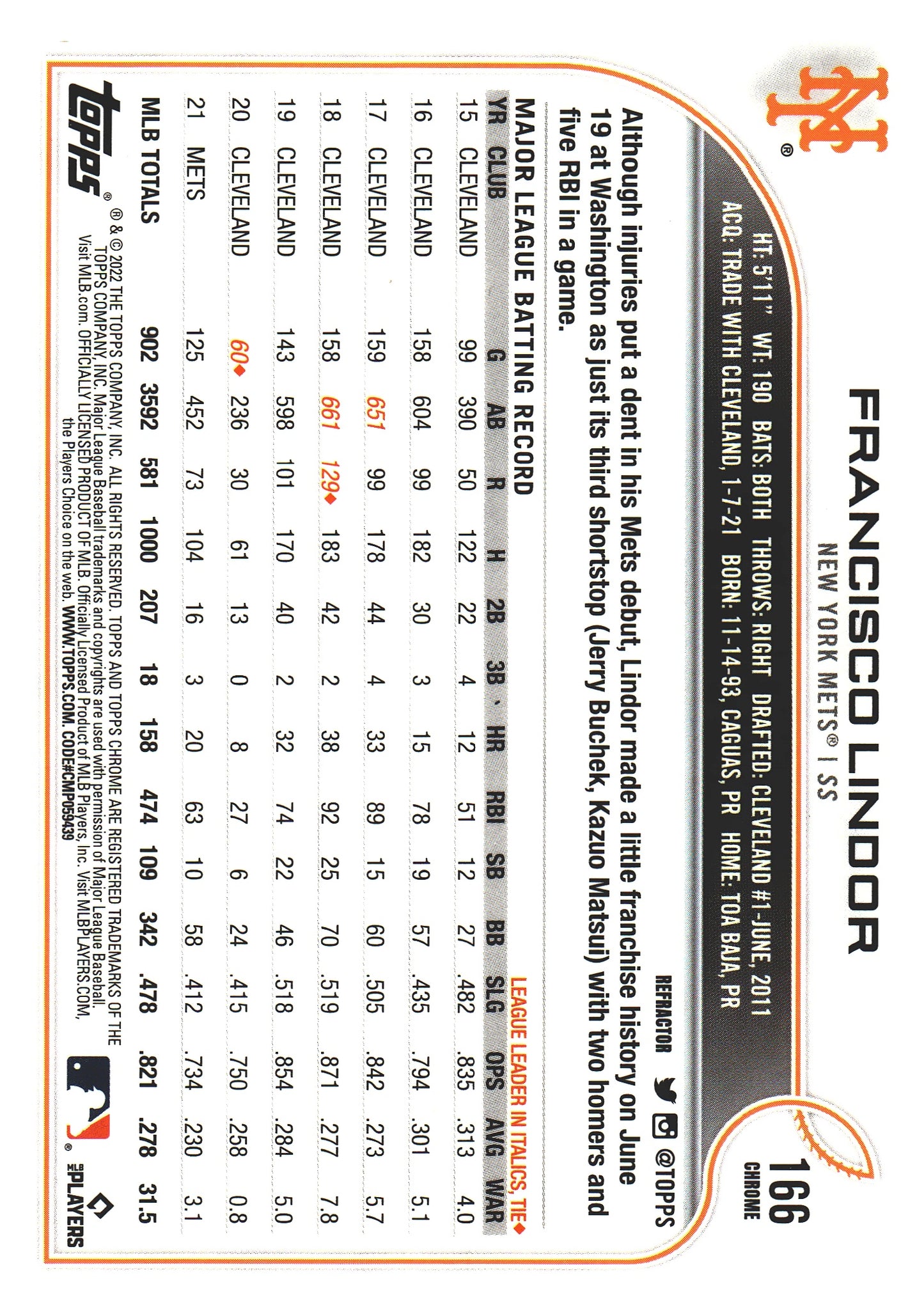 2022 Topps Chrome Francisco Lindor Refractor #166 New York Mets