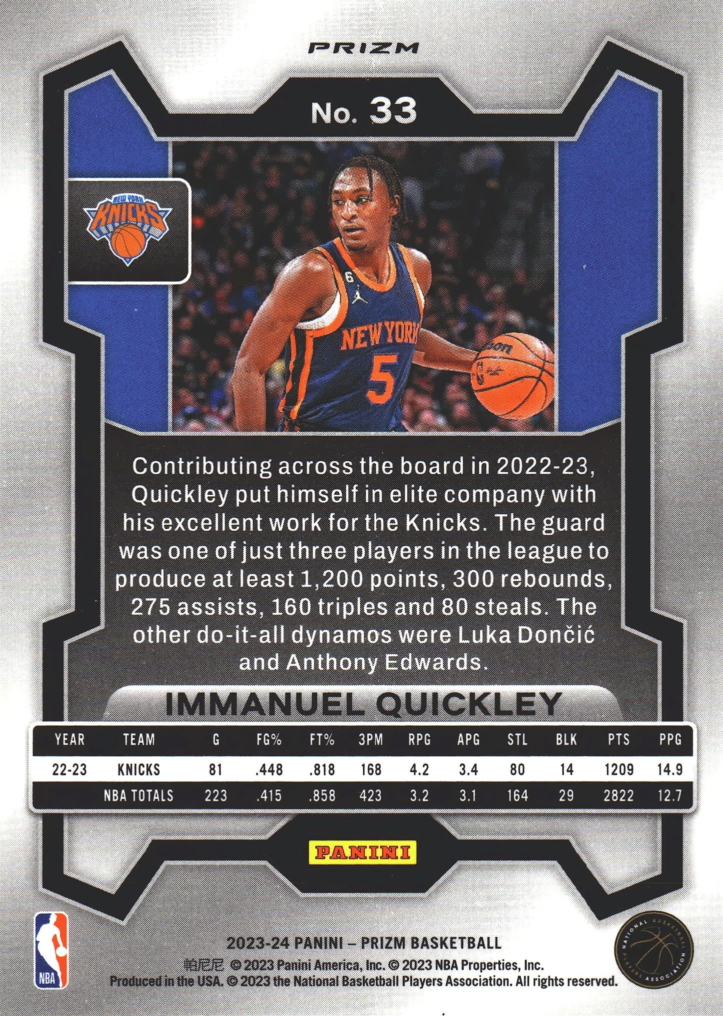 2023 Panini Prizm Immanuel Quickley Silver #33 New York Knicks