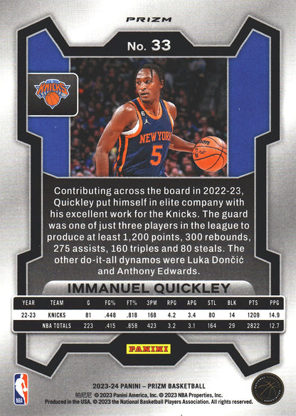 2023 Panini Prizm Immanuel Quickley Silver #33 New York Knicks