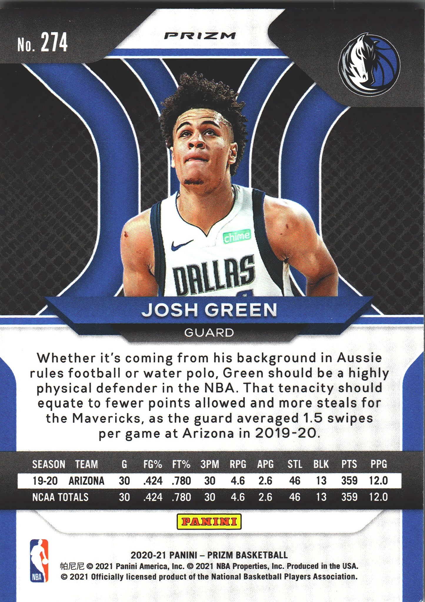 2020 Panini Prizm Josh Green RC Orange Ice #274 Dallas Mavericks