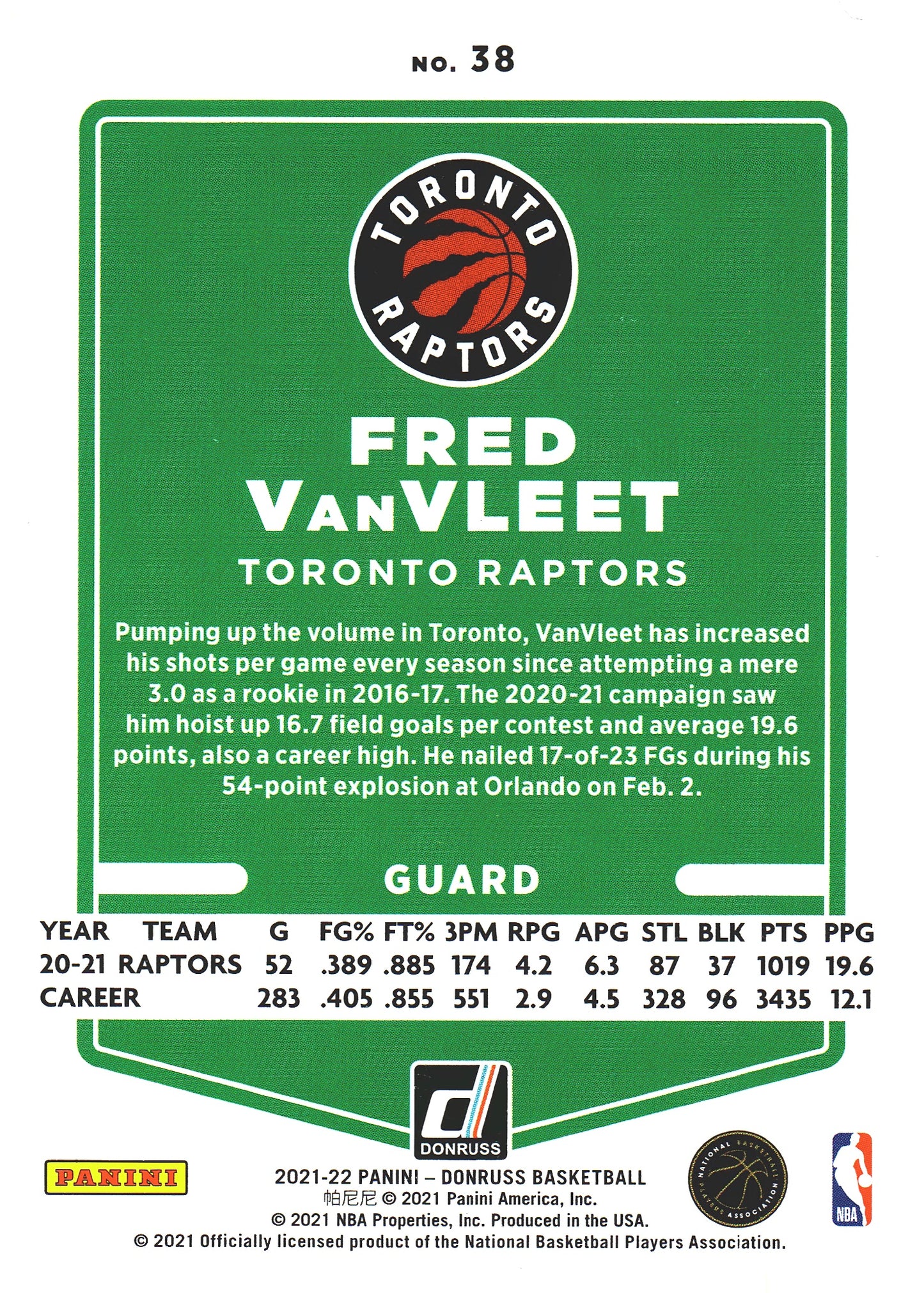 2021 Panini Donruss Fred VanVleet #38 Toronto Raptors