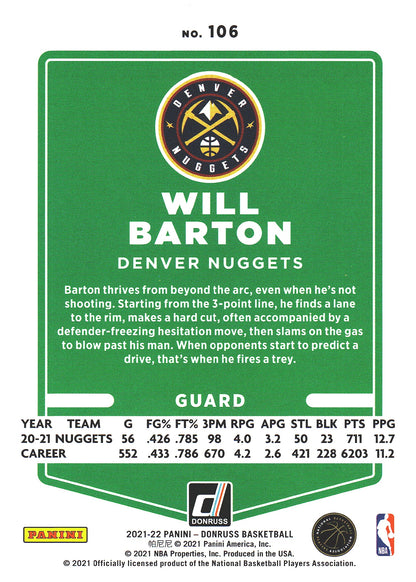 2021 Panini Donruss Will Barton #106 Denver Nuggets