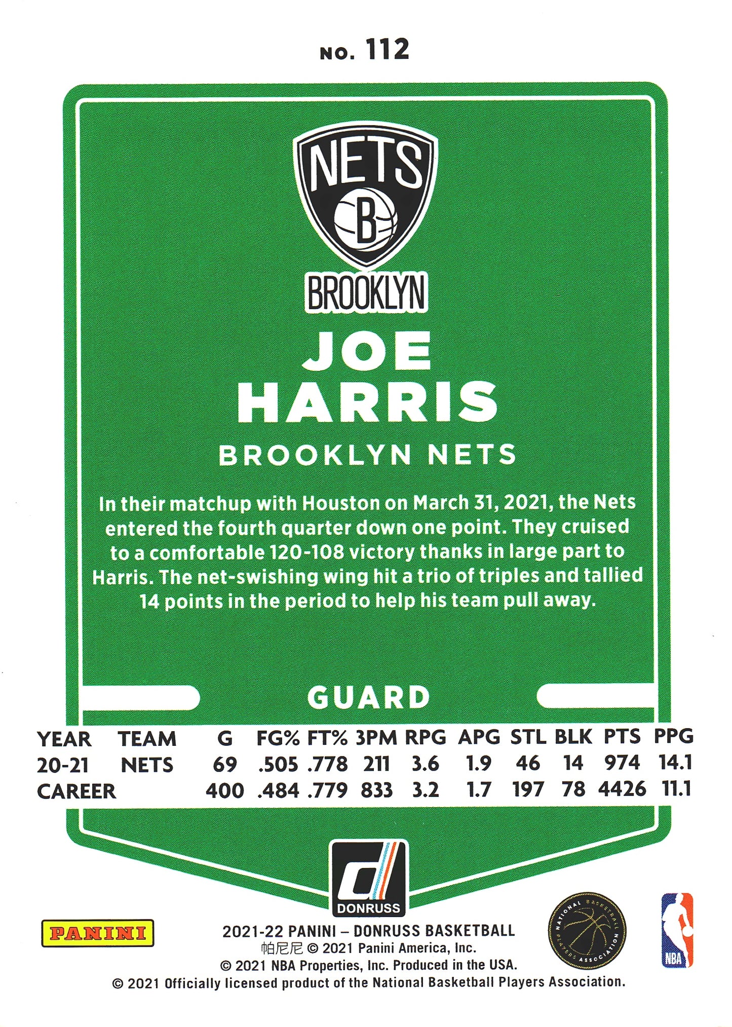 2021 Panini Donruss Joe Harris #112 Brooklyn Nets