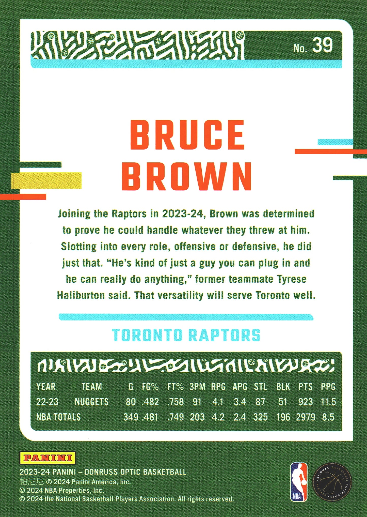 2023 Panini Donruss Optic Bruce Brown #39 Toronto Raptors